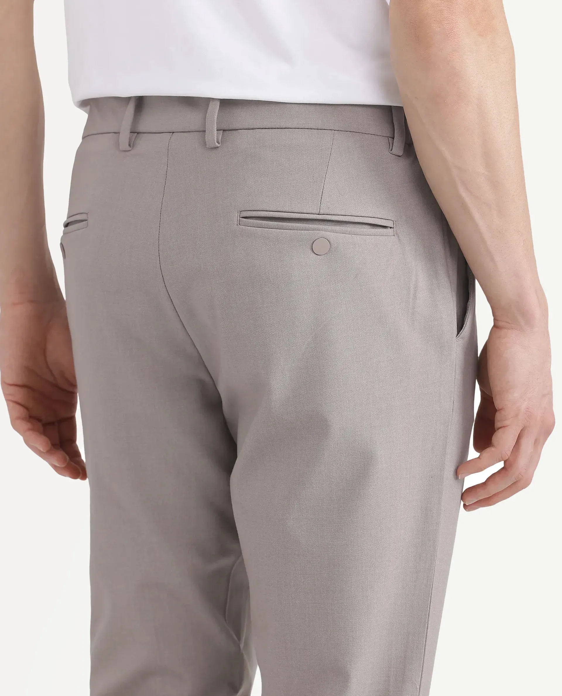 Rare Rabbit Men Travel-Stk Dark Beige Polyester Fabric Button And Zip Closure Closure Plain Trouser - Image 4