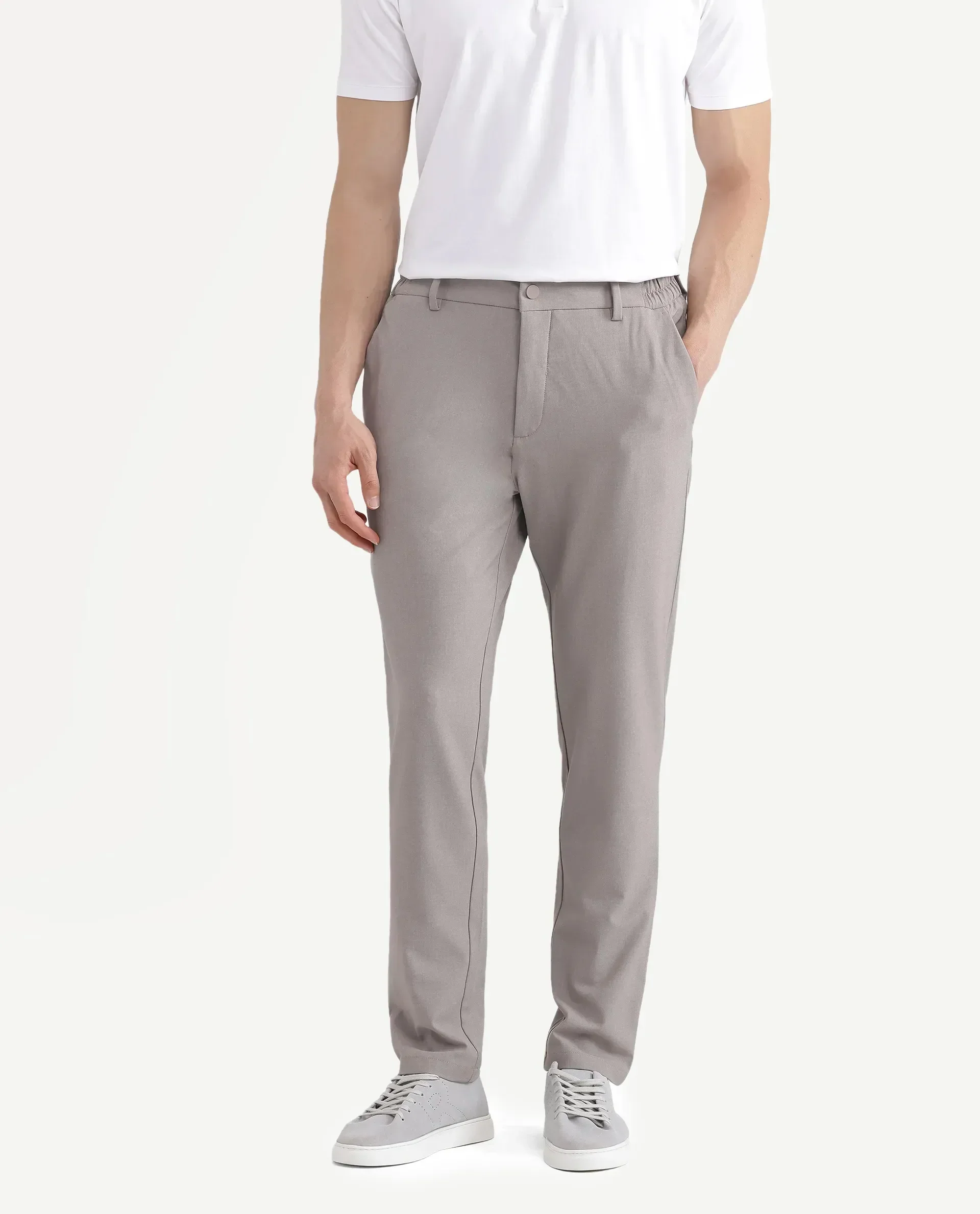 Rare Rabbit Men Travel-Stk Dark Beige Polyester Fabric Button And Zip Closure Closure Plain Trouser - Image 5