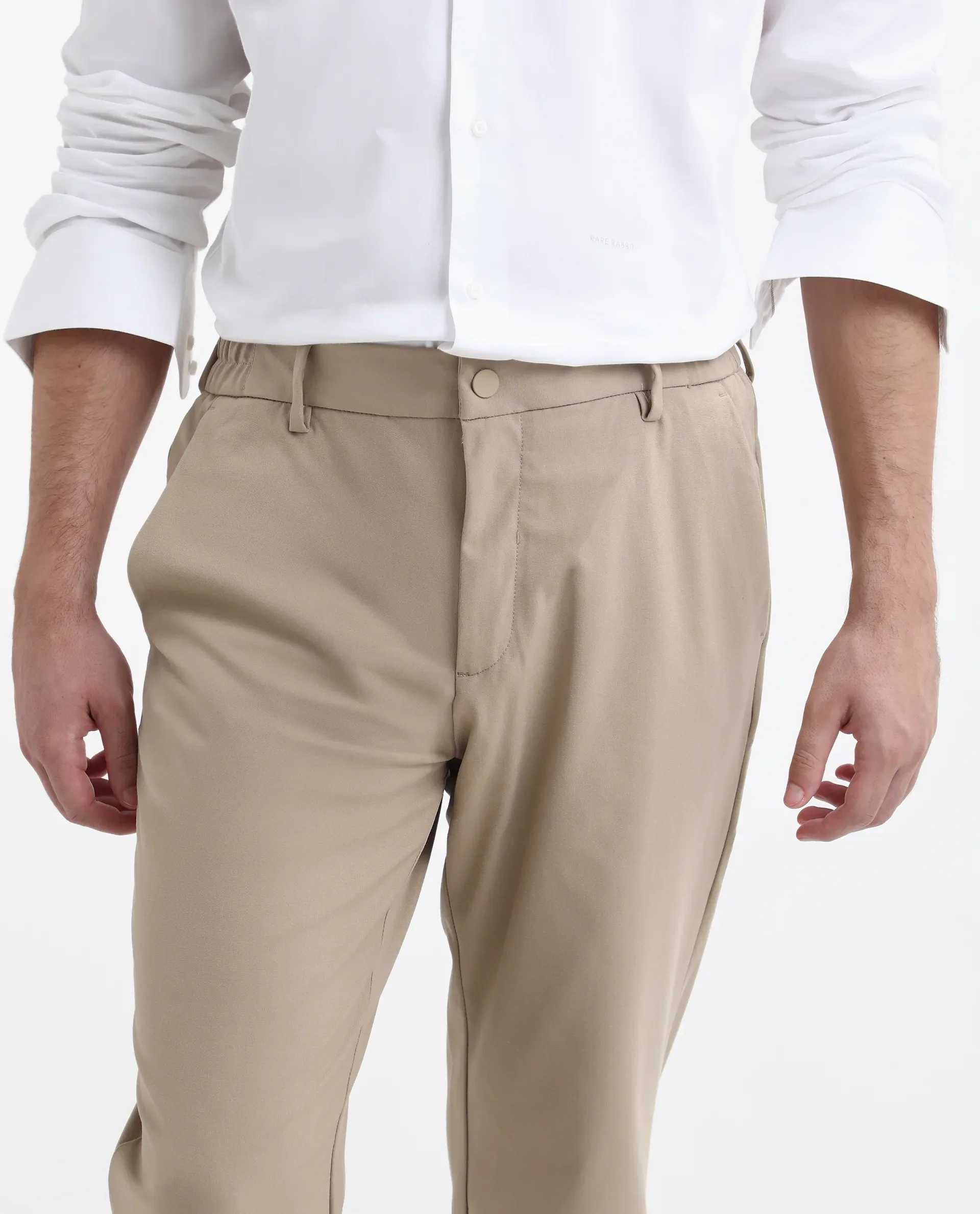 Rare Rabbit Men's Travel-Stk Light Beige Polyester Blend Plain Regular Fit Trouser - Image 2