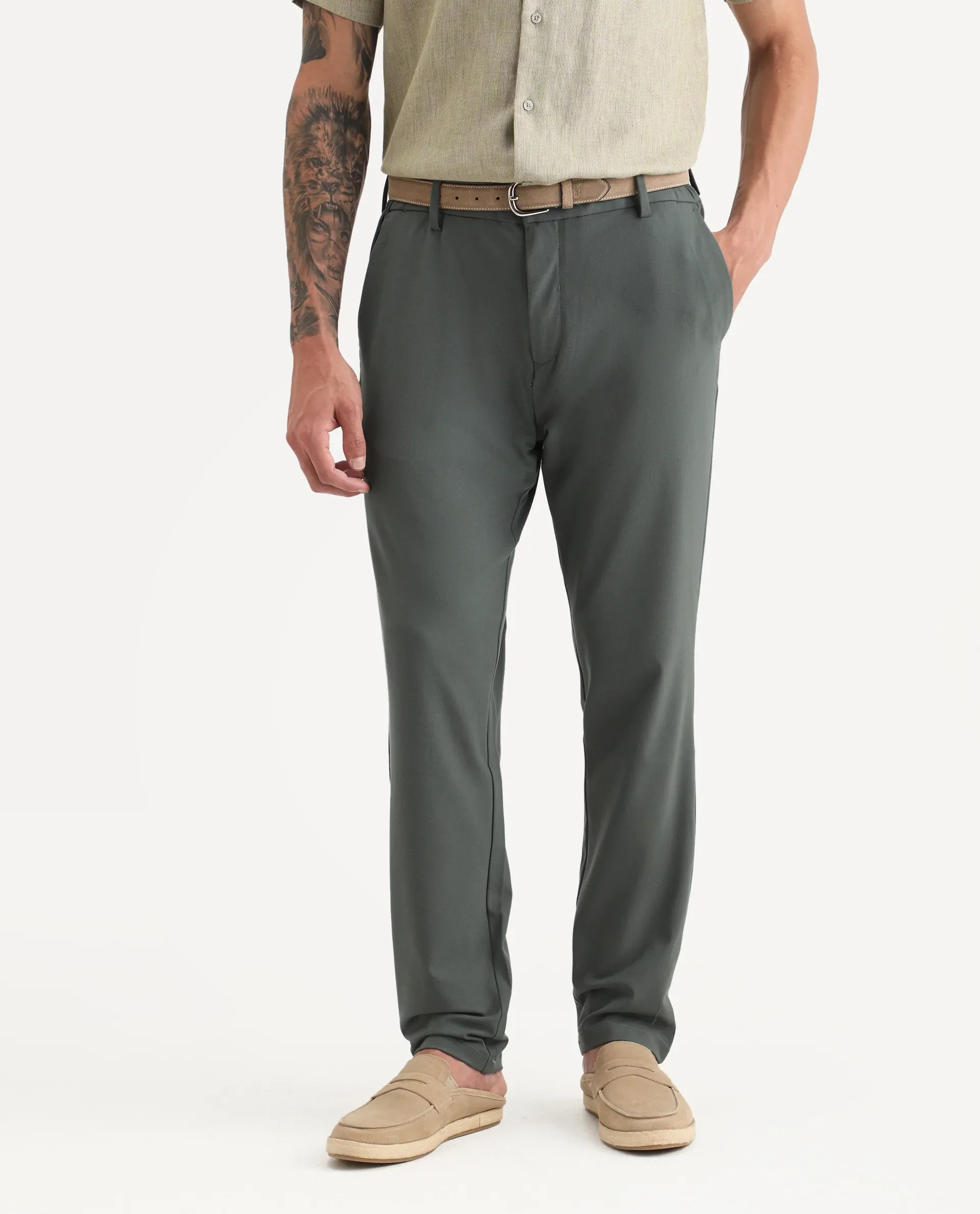 Rare Rabbit Men Travel-Stk Olive Polyester Fabric Button And Zip Closure Closure Plain Trouser - Image 2