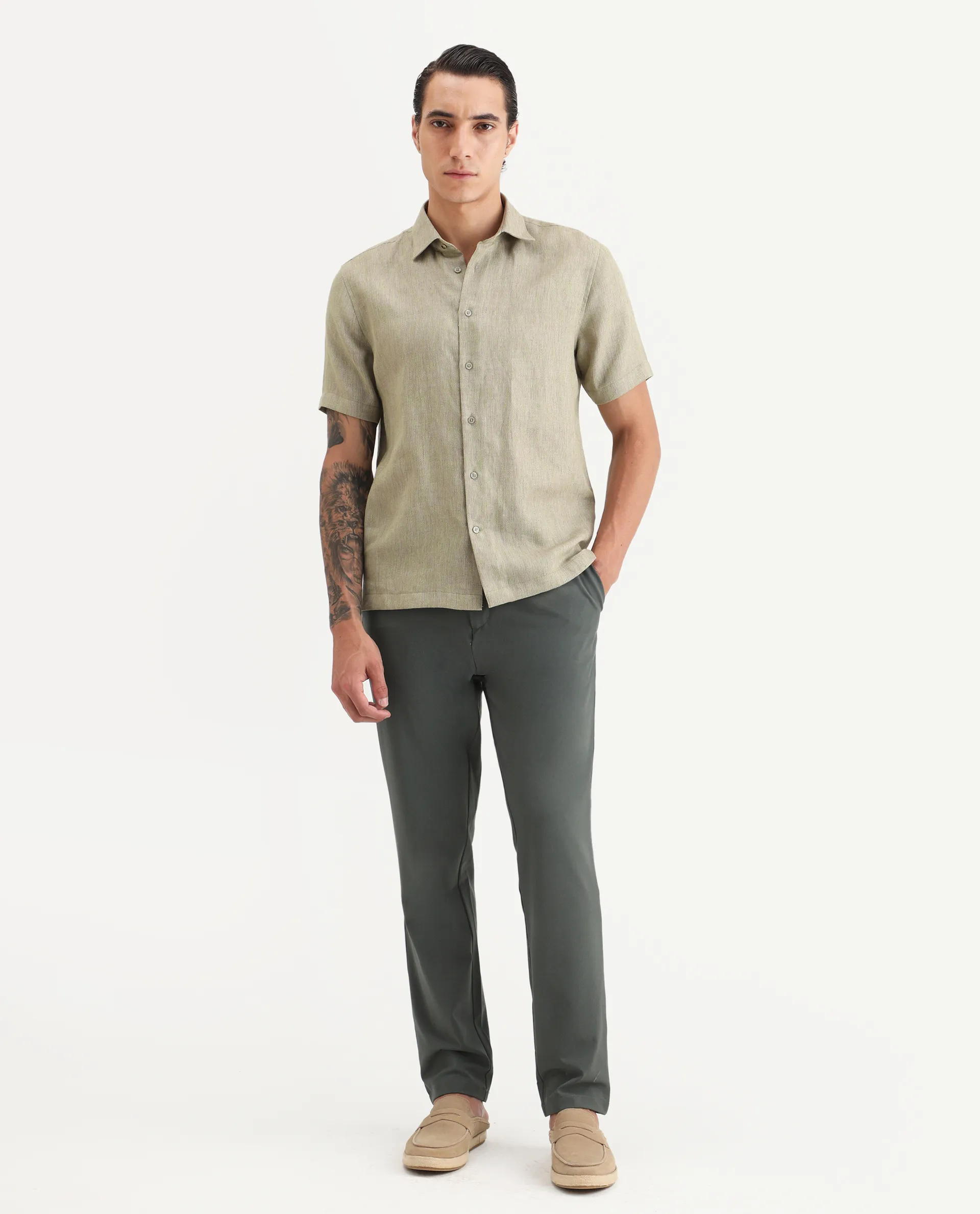Rare Rabbit Men Travel-Stk Olive Polyester Fabric Button And Zip Closure Closure Plain Trouser - Image 4