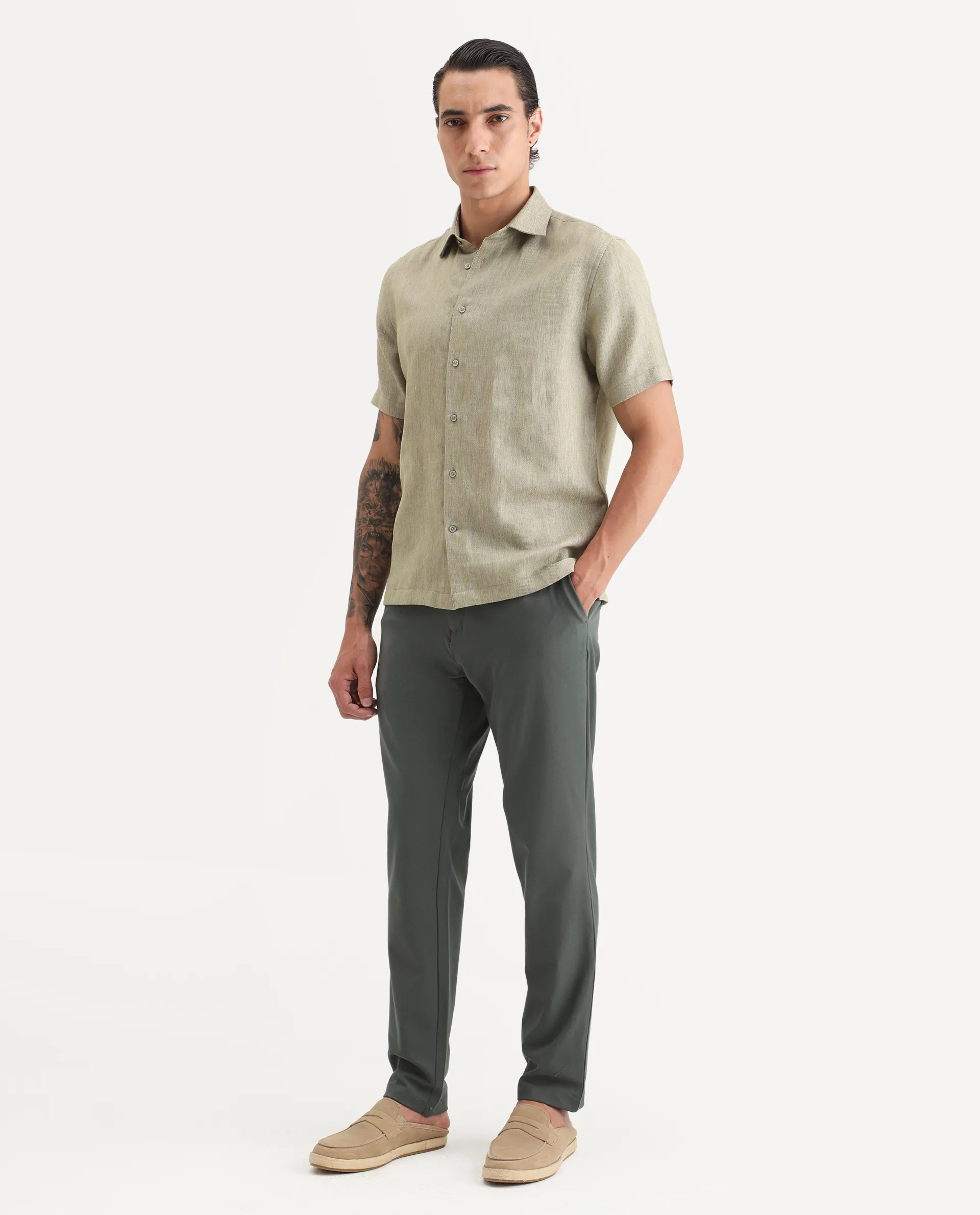 Rare Rabbit Men Travel-Stk Olive Polyester Fabric Button And Zip Closure Closure Plain Trouser - Image 5