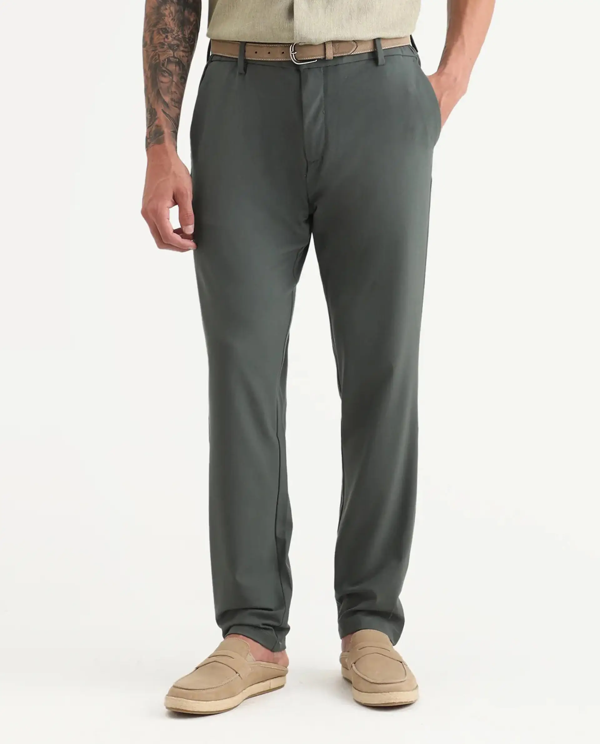 Rare Rabbit Men Travel-Stk Olive Polyester Fabric Button And Zip Closure Closure Plain Trouser - Image 8