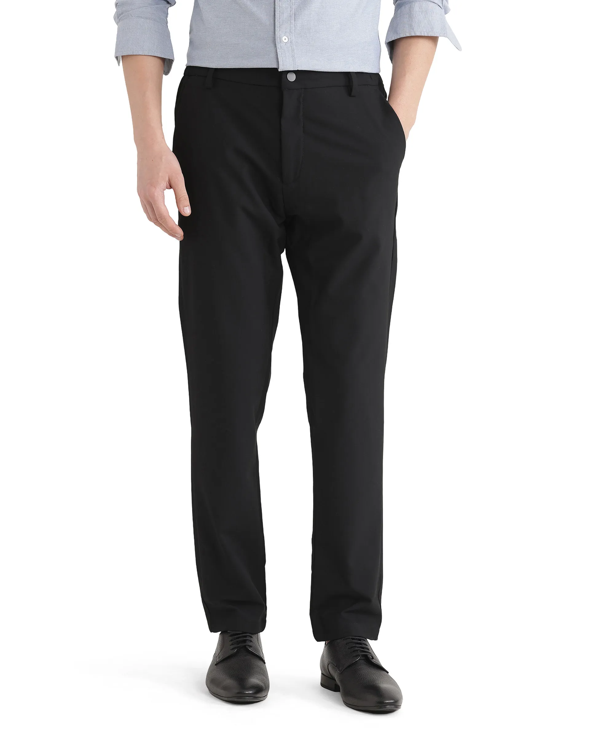 Rare Rabbit Men's Travel Uni Black Polyester Blend Plain Regular Fit Trouser