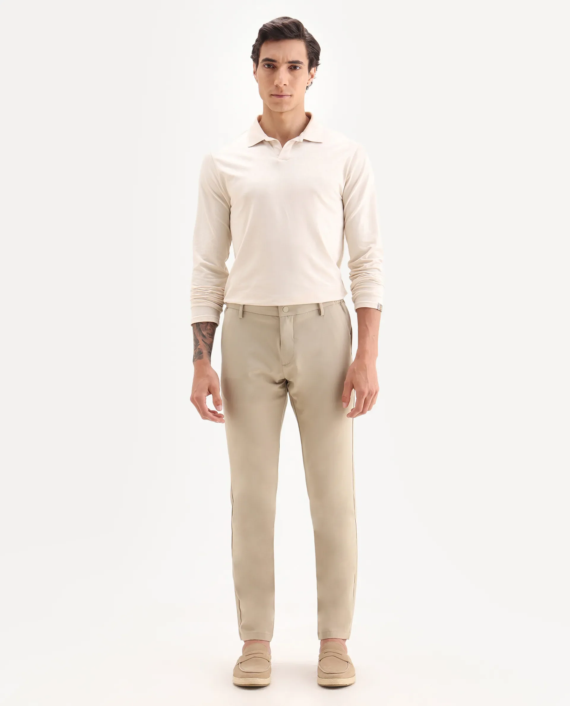 Rare Rabbit Men's Traveller Beige Solid Mid-Rise Regular Fit Trouser - Image 4