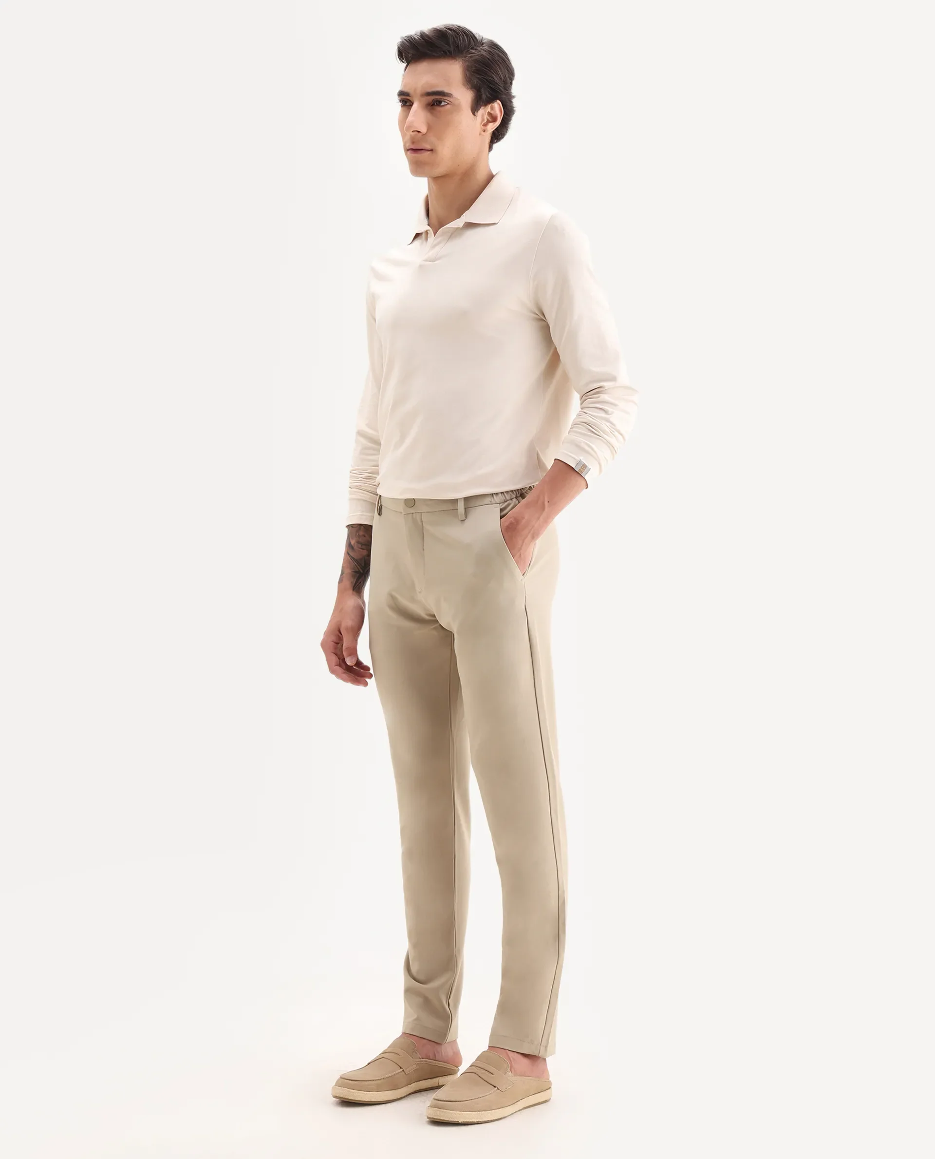Rare Rabbit Men's Traveller Beige Solid Mid-Rise Regular Fit Trouser - Image 5