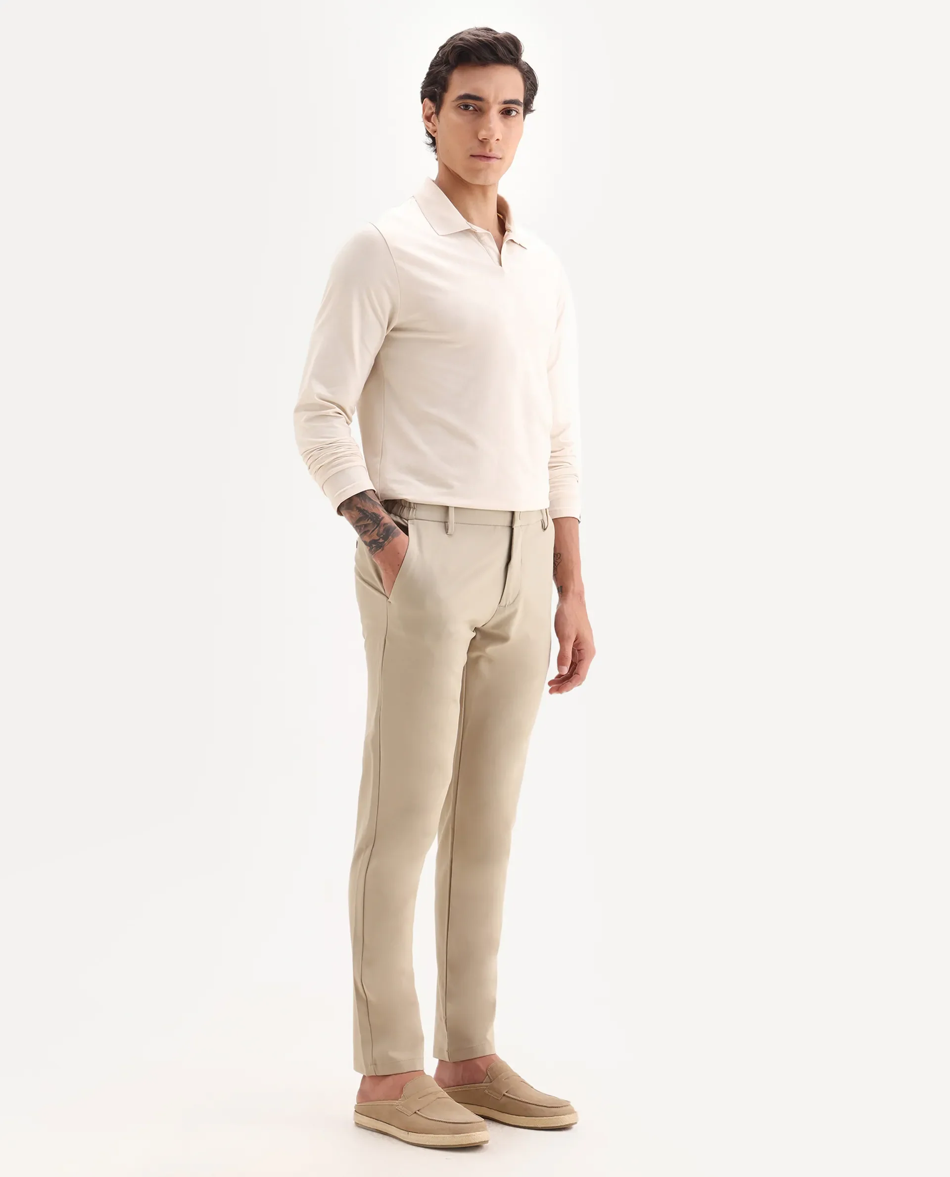 Rare Rabbit Men's Traveller Beige Solid Mid-Rise Regular Fit Trouser - Image 6