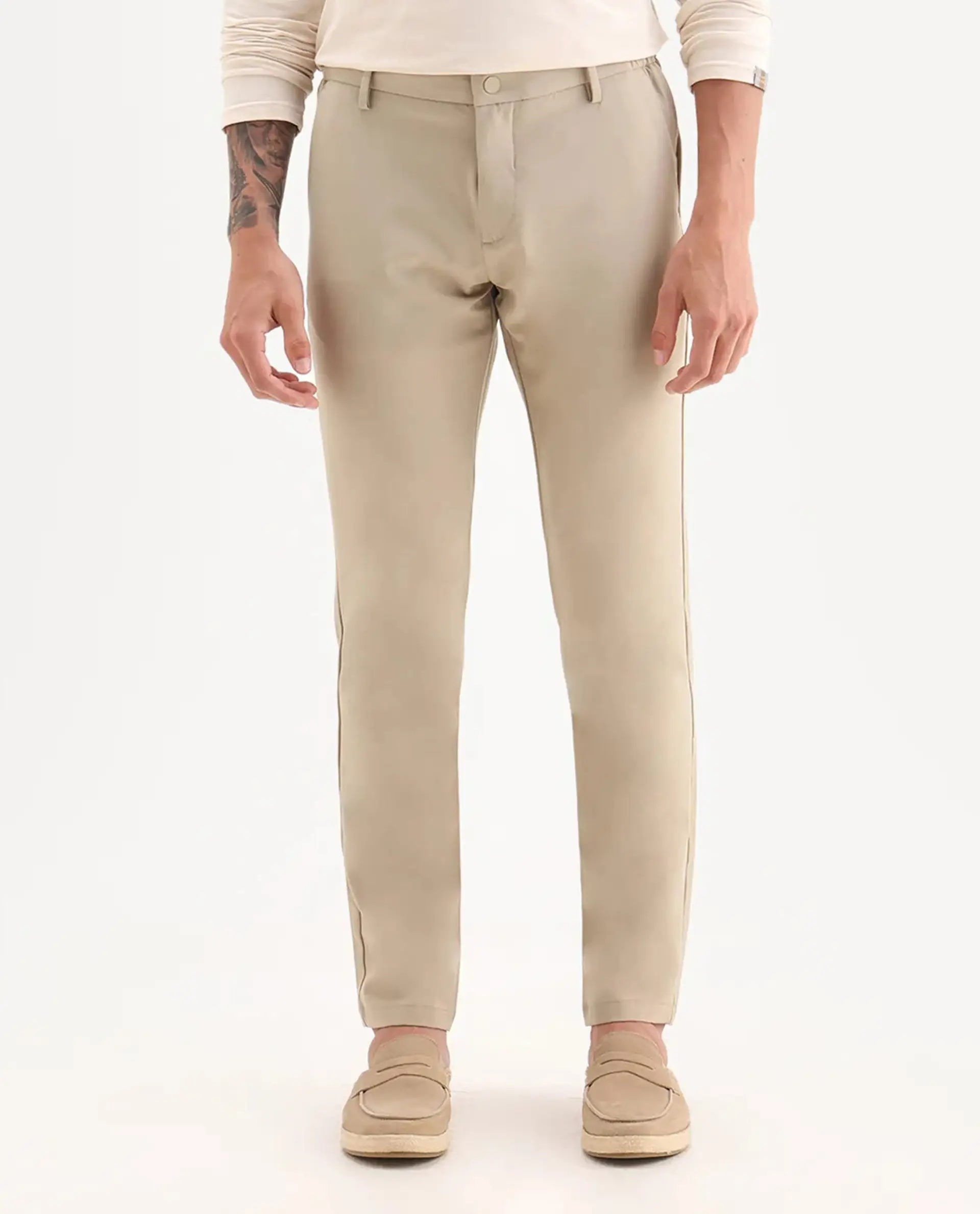 Rare Rabbit Men's Traveller Beige Solid Mid-Rise Regular Fit Trouser - Image 9