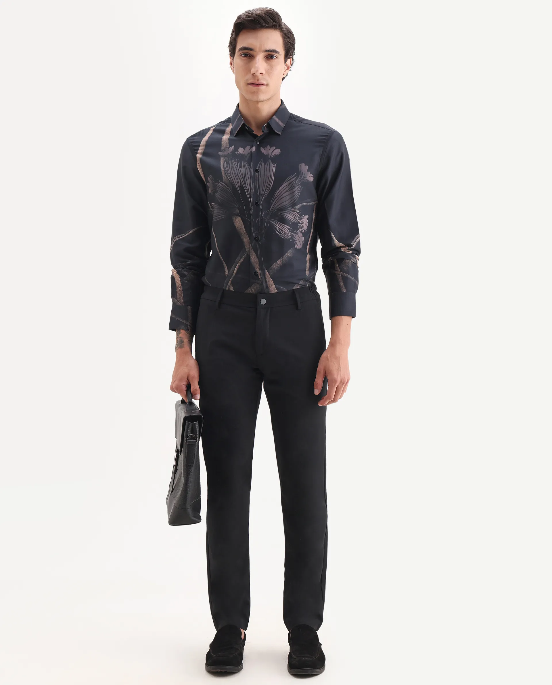 Rare Rabbit Men's Traveller Black Solid Mid-Rise Regular Fit Trouser