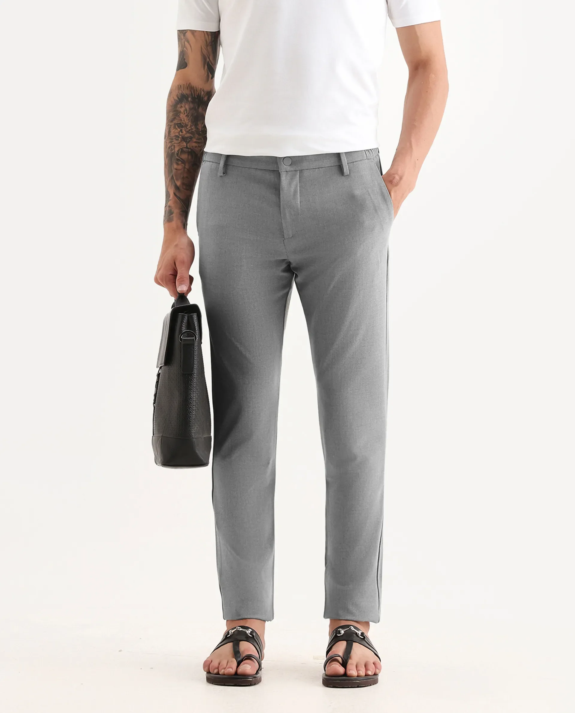 Rare Rabbit Men's Traveller Grey Solid Mid-Rise Regular Fit Trouser - Image 2