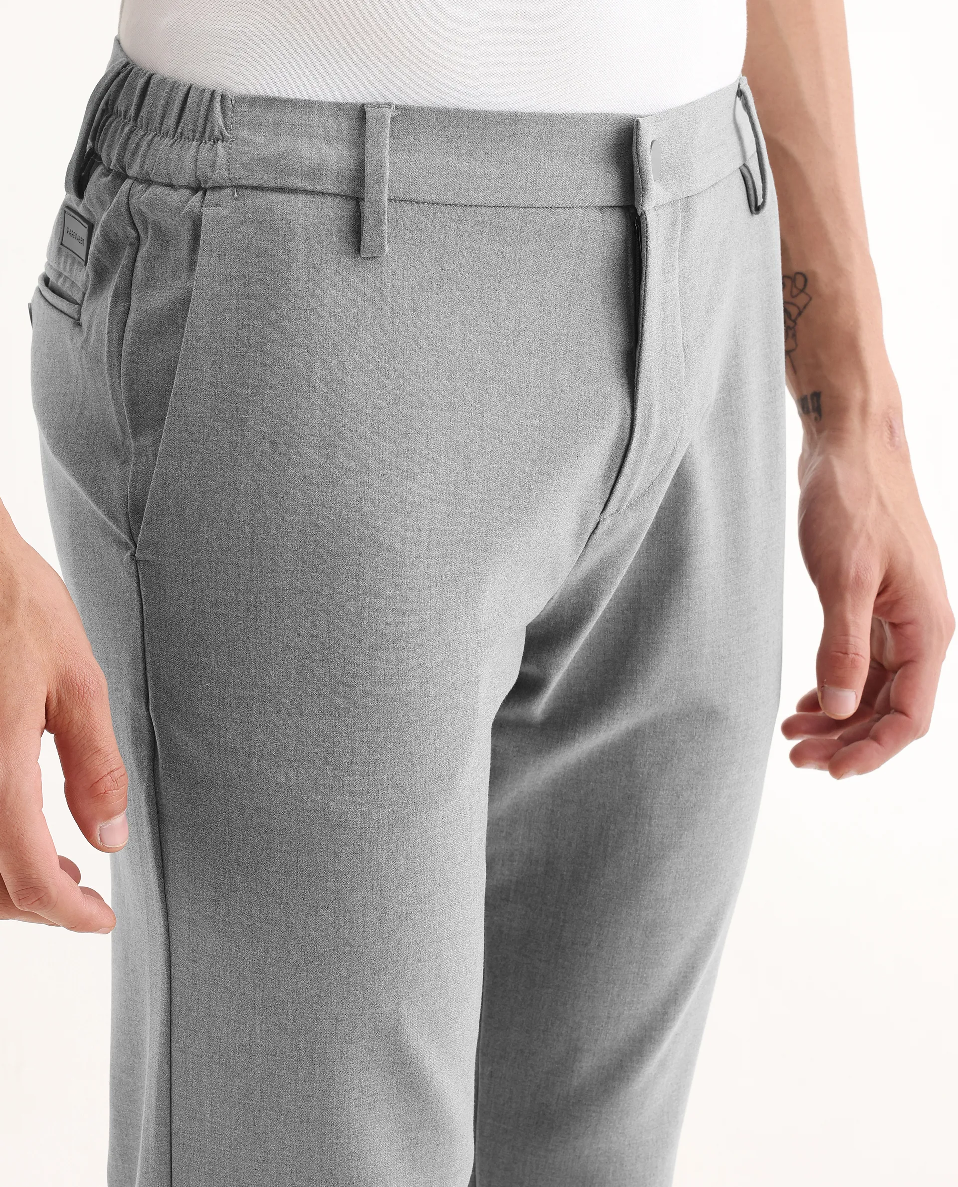 Rare Rabbit Men's Traveller Grey Solid Mid-Rise Regular Fit Trouser - Image 3