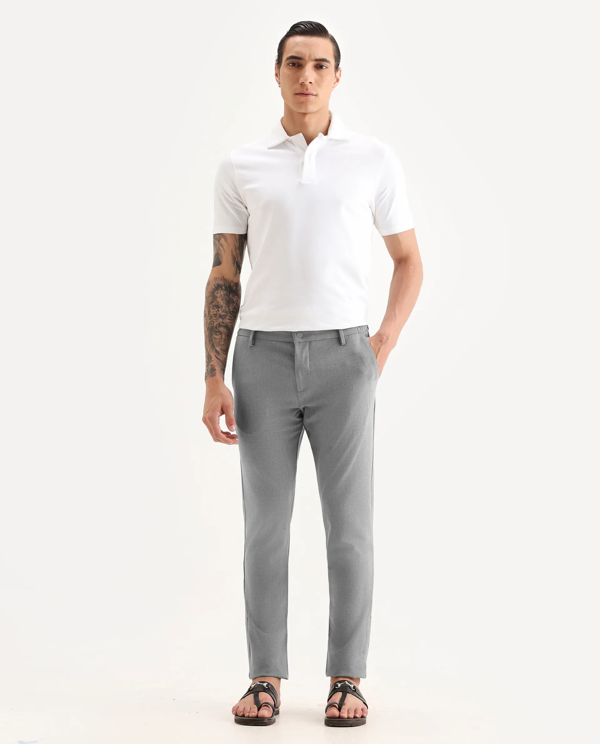 Rare Rabbit Men's Traveller Grey Solid Mid-Rise Regular Fit Trouser - Image 4