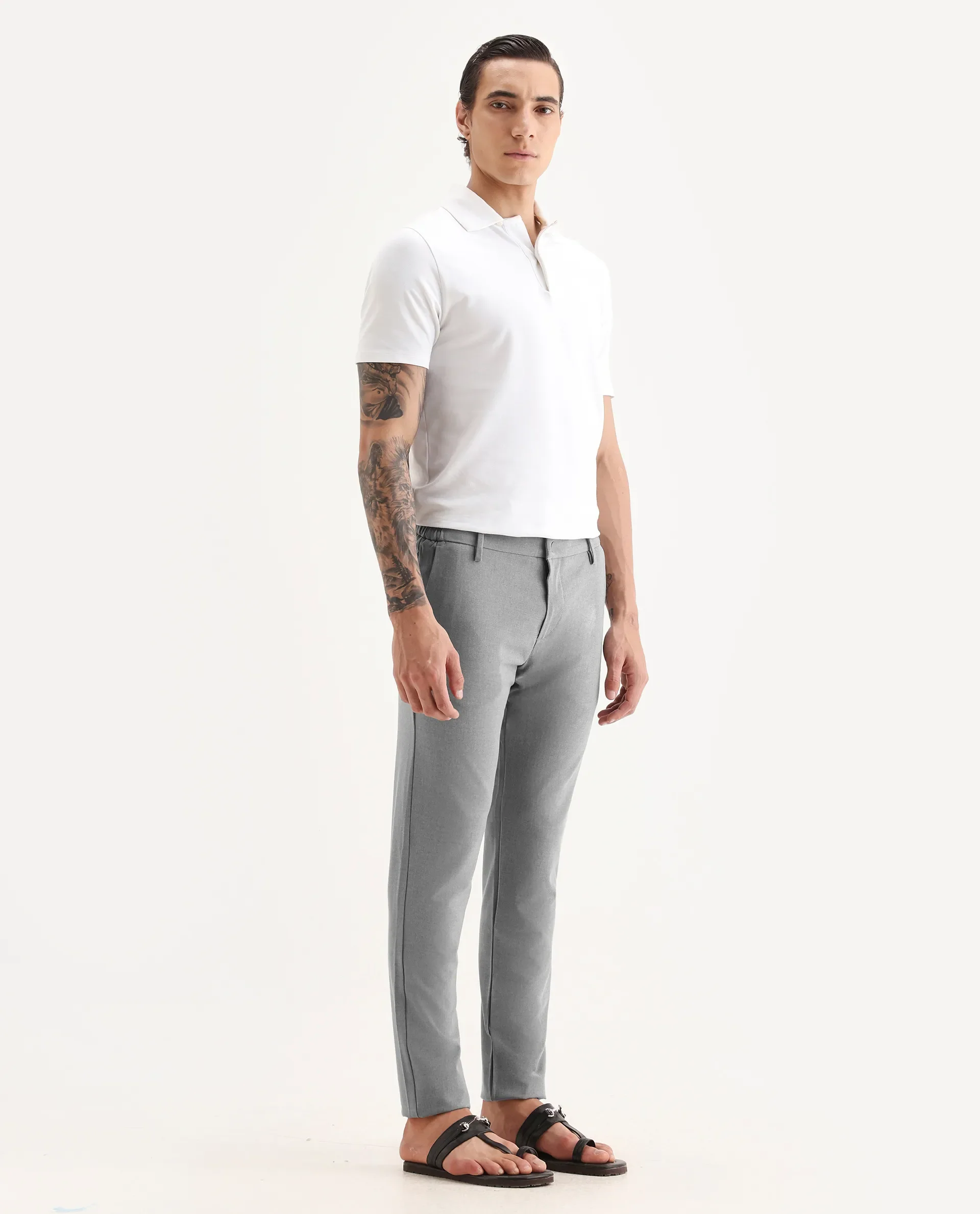Rare Rabbit Men's Traveller Grey Solid Mid-Rise Regular Fit Trouser - Image 5