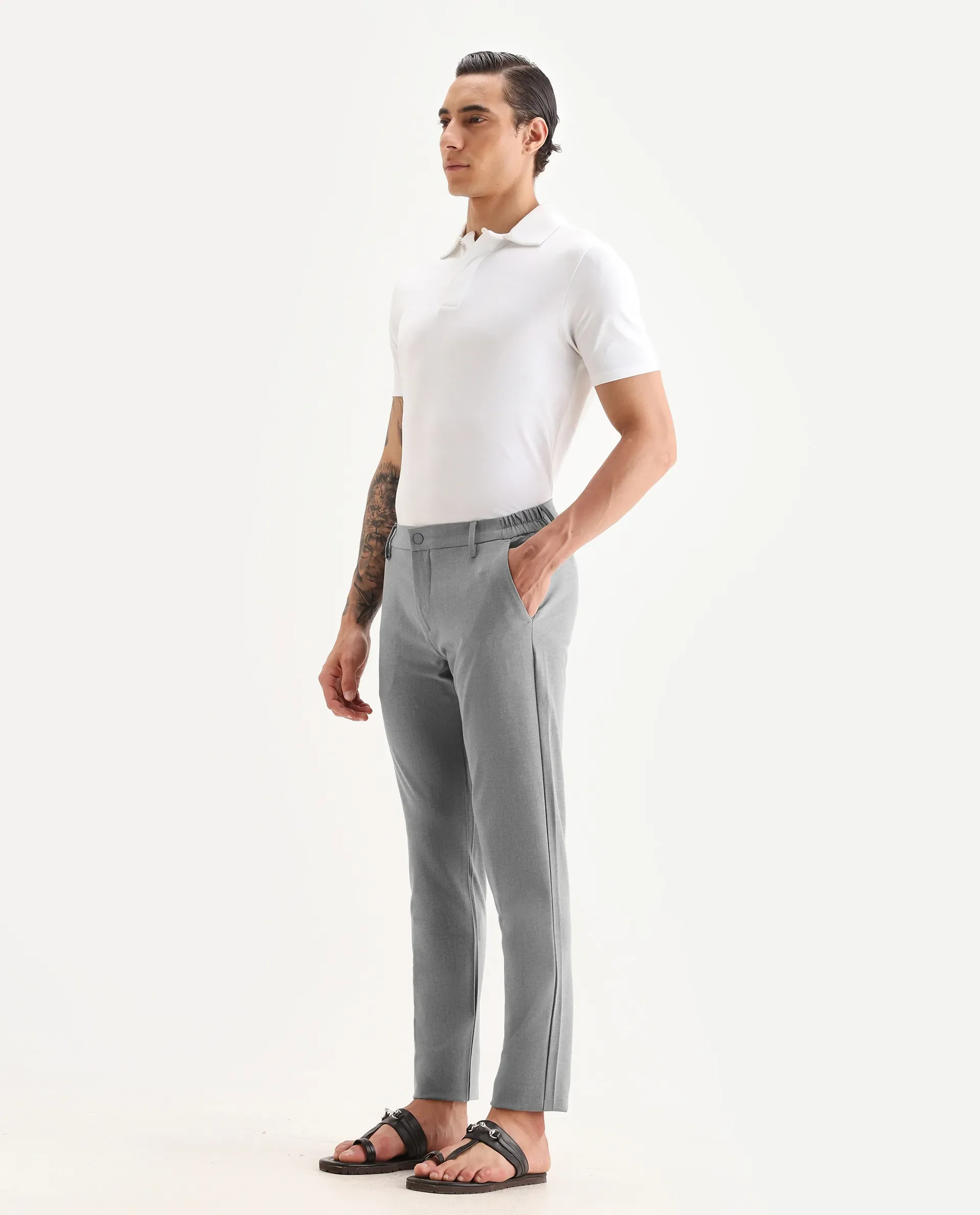 Rare Rabbit Men's Traveller Grey Solid Mid-Rise Regular Fit Trouser - Image 6