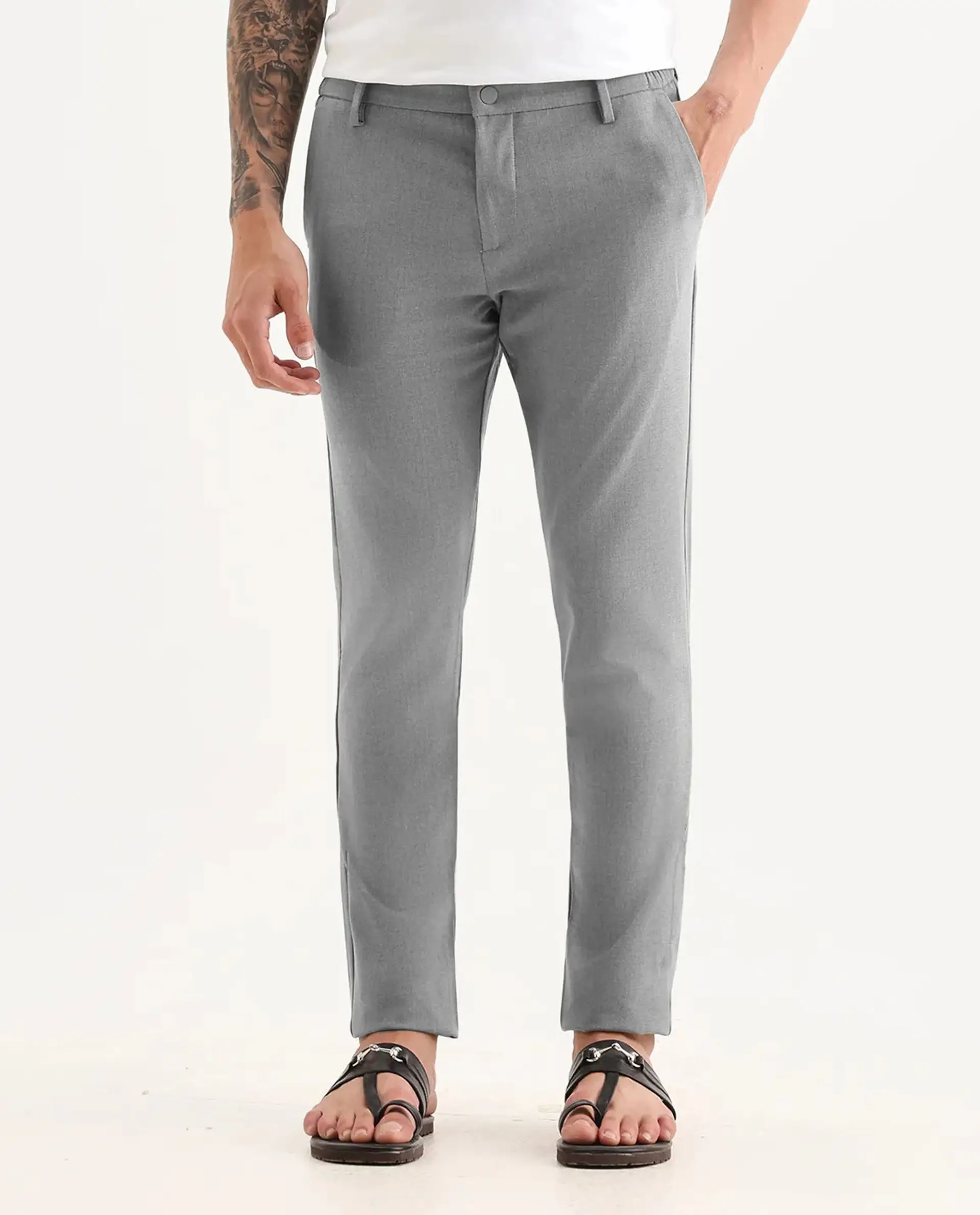 Rare Rabbit Men's Traveller Grey Solid Mid-Rise Regular Fit Trouser - Image 8