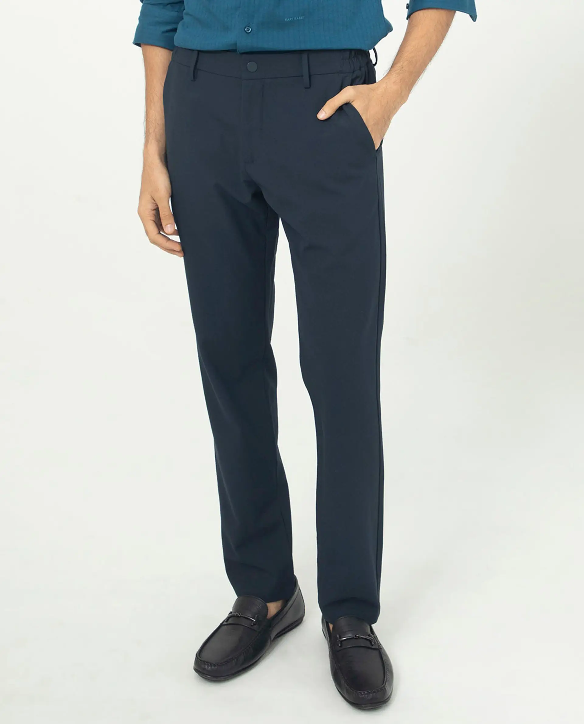 Rare Rabbit Men's Traveller Navy Solid Mid-Rise Regular Fit Trouser - Image 12