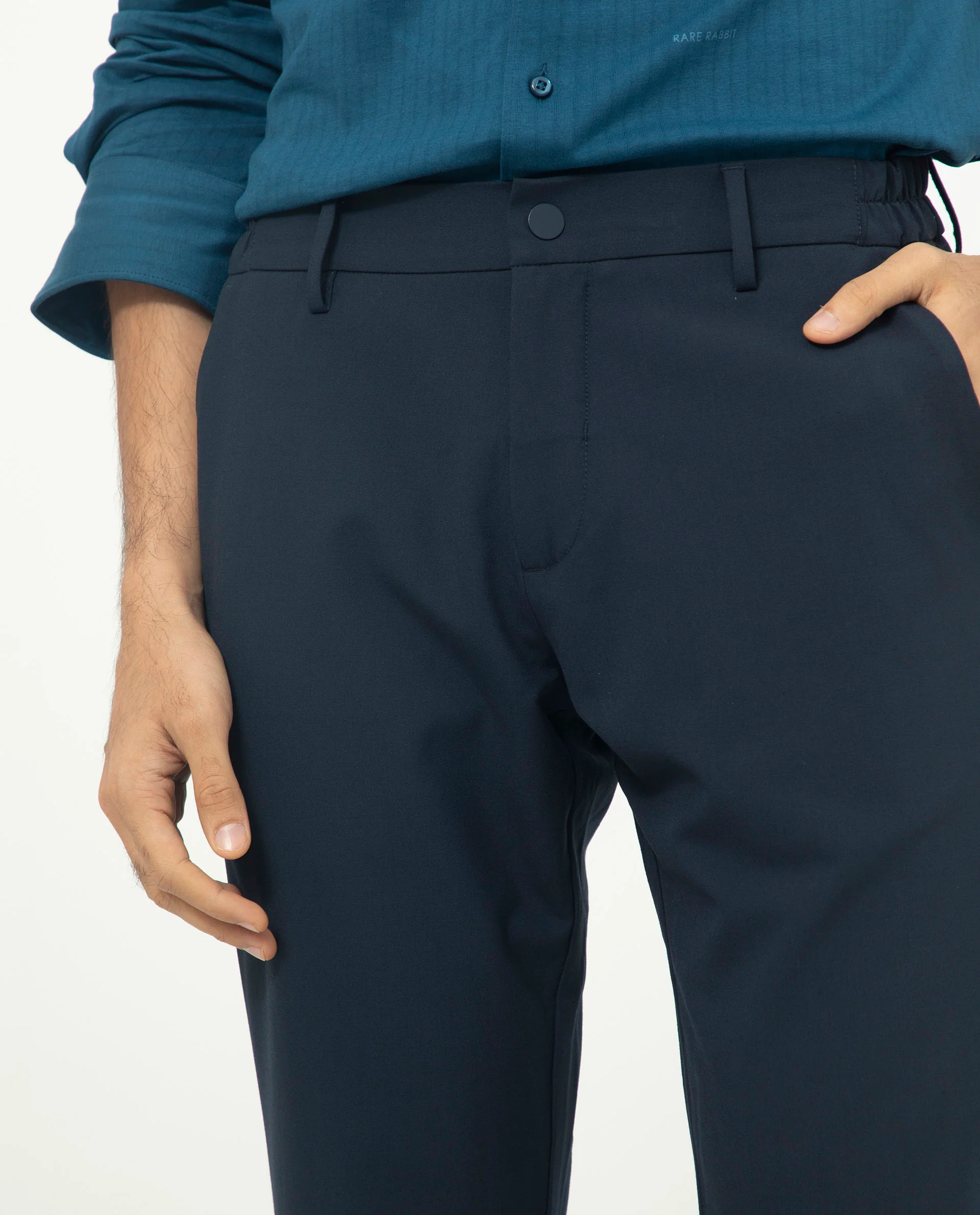 Rare Rabbit Men's Traveller Navy Solid Mid-Rise Regular Fit Trouser - Image 4