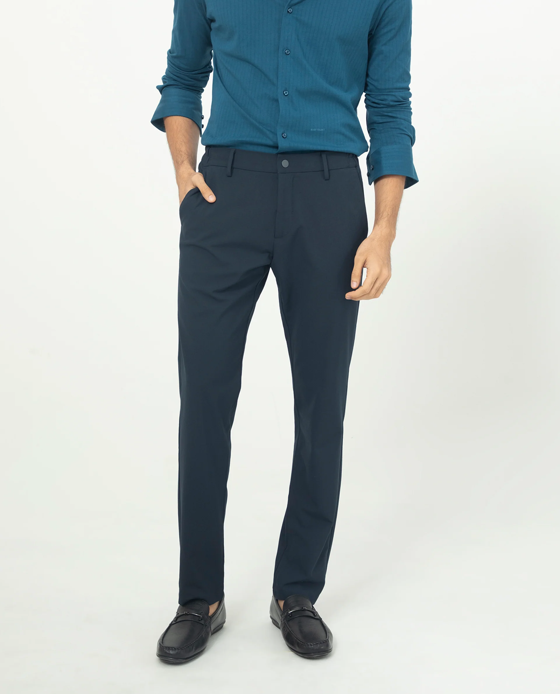 Rare Rabbit Men's Traveller Navy Solid Mid-Rise Regular Fit Trouser - Image 7