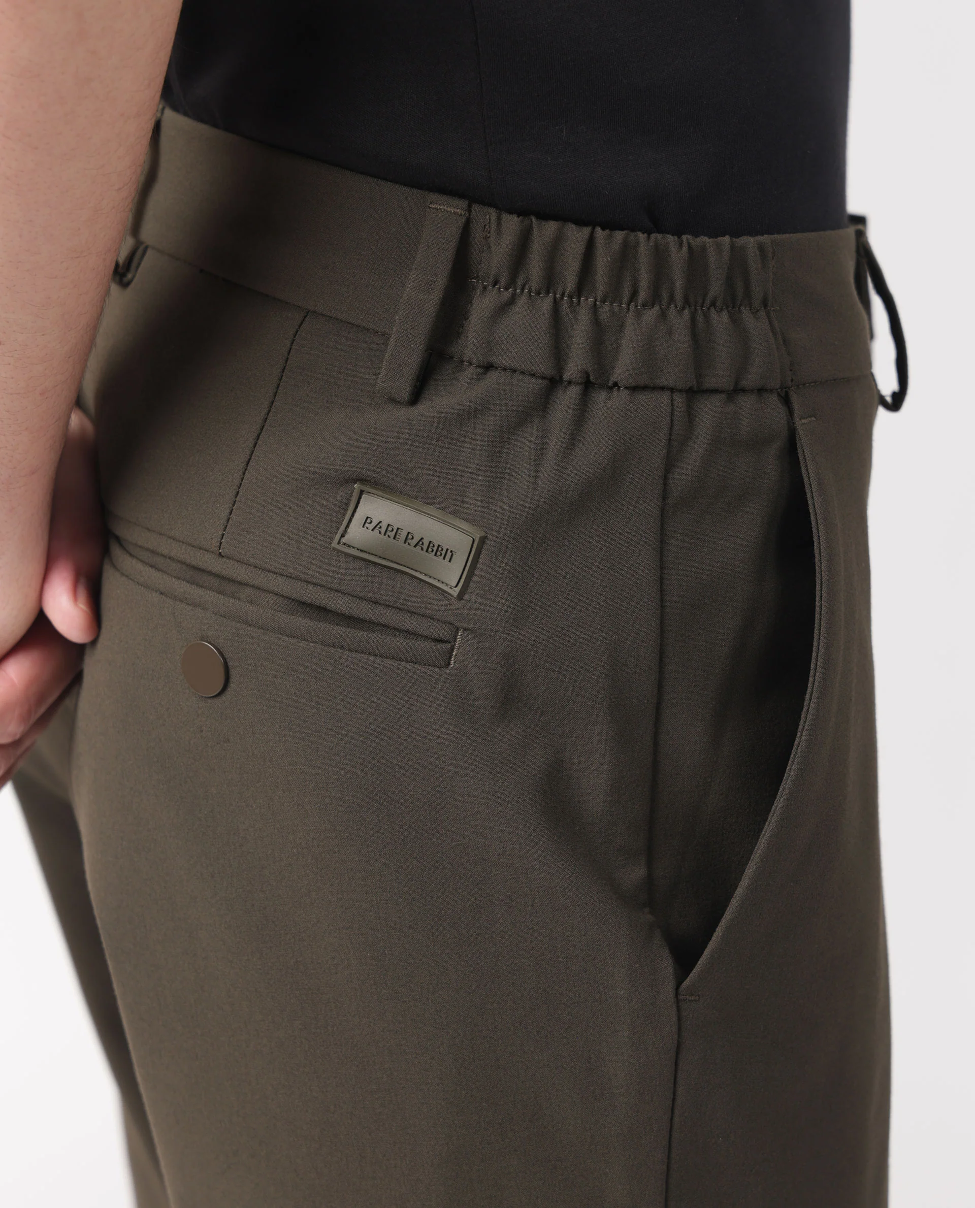 Rare Rabbit Men's Travellers Dark Olive Solid Mid-Rise Regular Fit Trouser - Image 3
