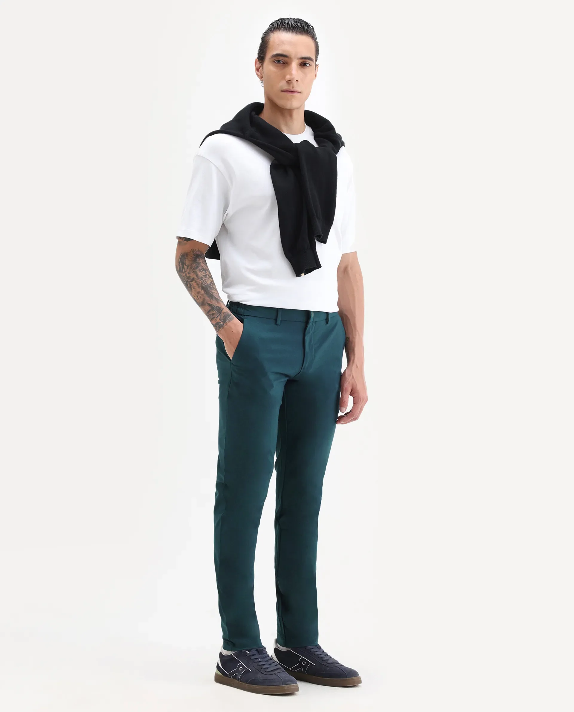 Rare Rabbit Men's Travellers Dark Petrol Solid Mid-Rise Regular Fit Trouser
