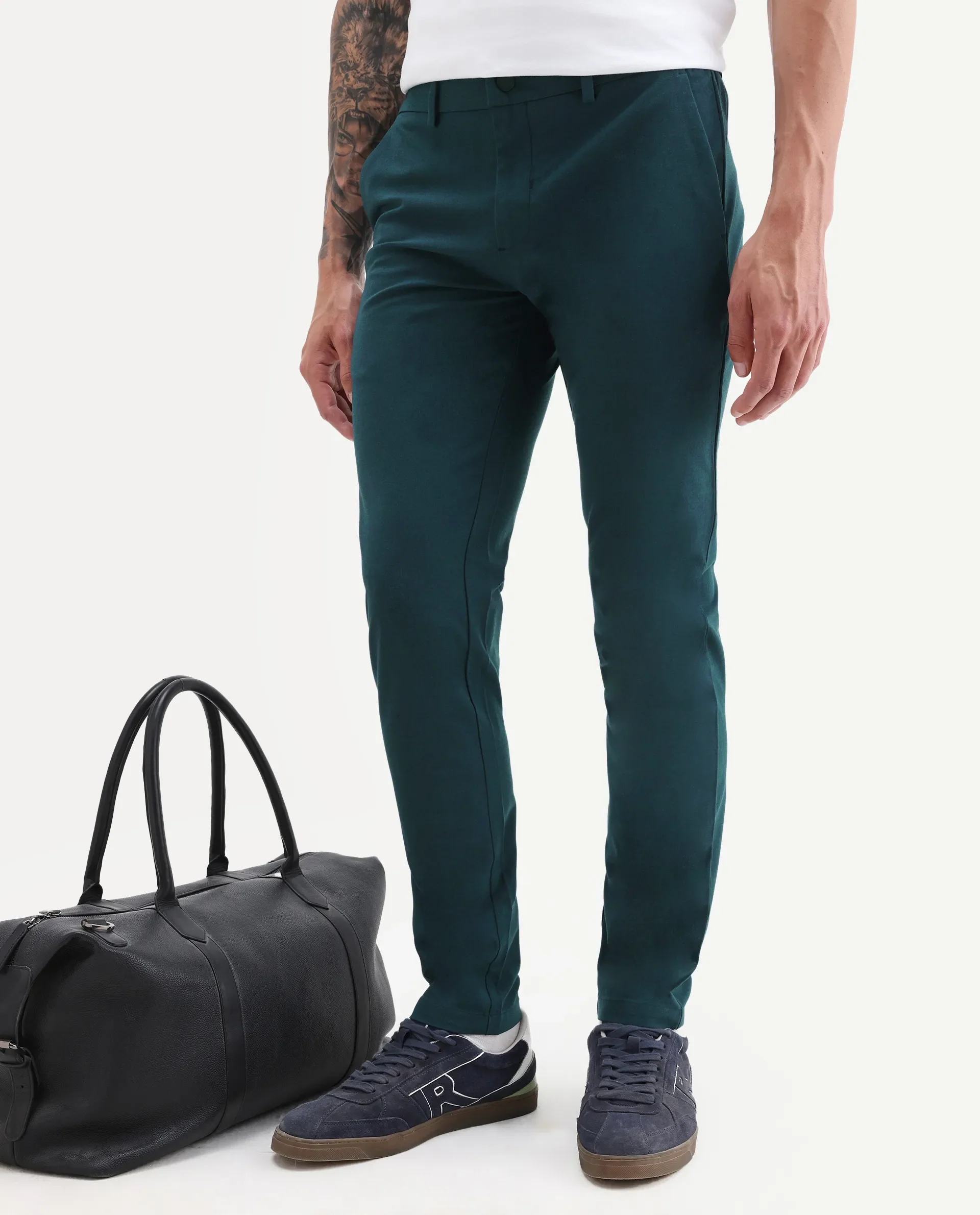 Rare Rabbit Men's Travellers Dark Petrol Solid Mid-Rise Regular Fit Trouser - Image 2
