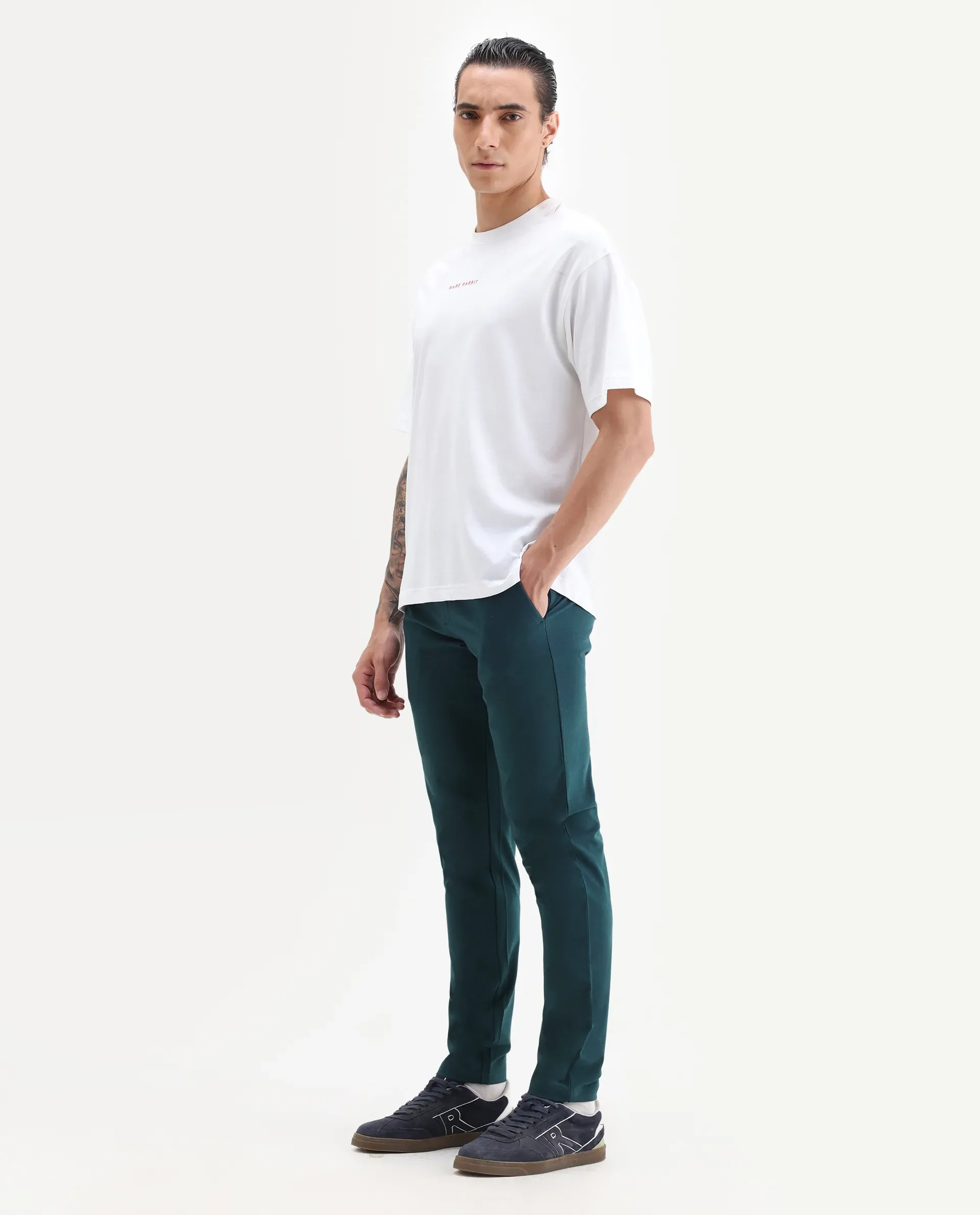 Rare Rabbit Men's Travellers Dark Petrol Solid Mid-Rise Regular Fit Trouser - Image 4