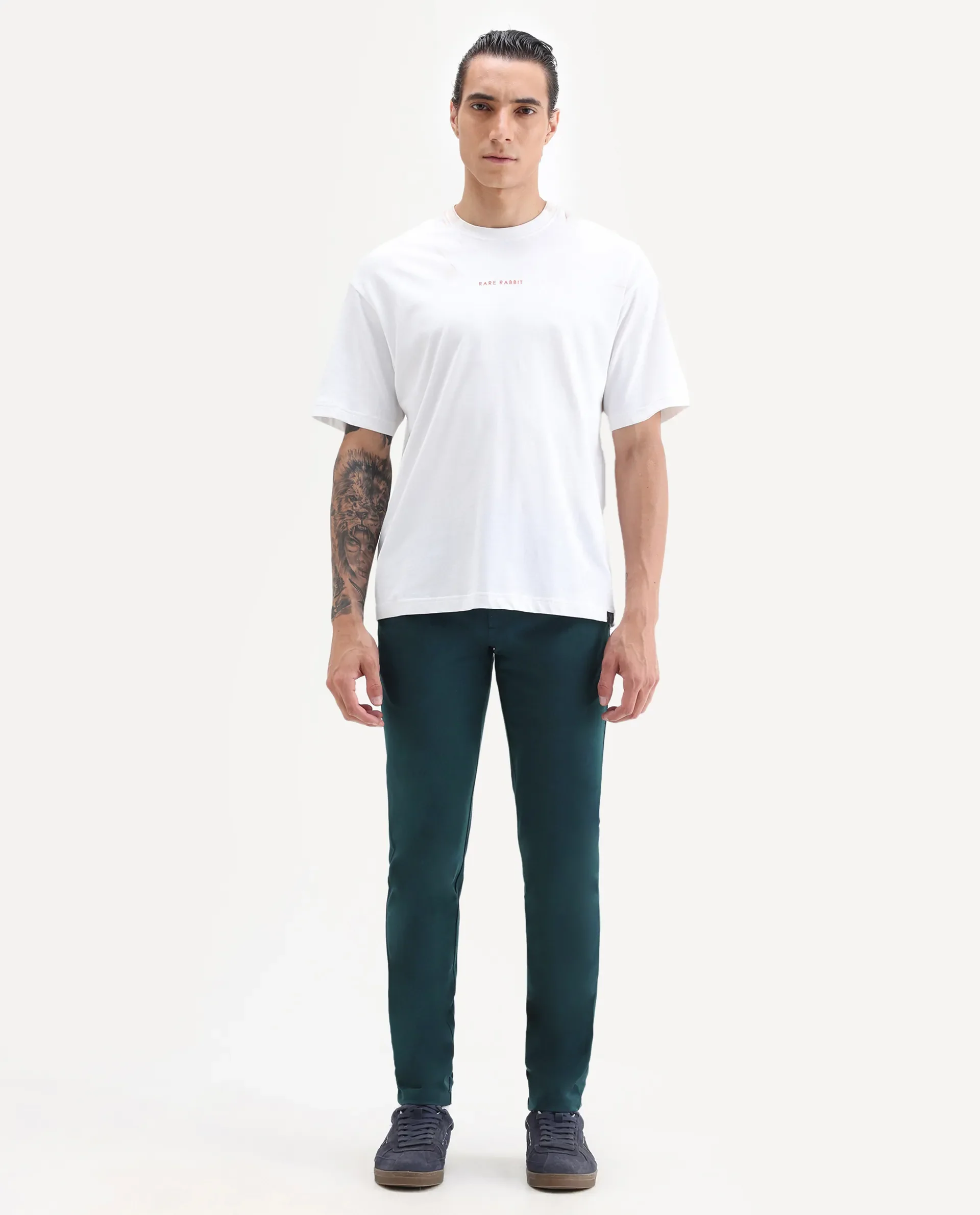 Rare Rabbit Men's Travellers Dark Petrol Solid Mid-Rise Regular Fit Trouser - Image 7
