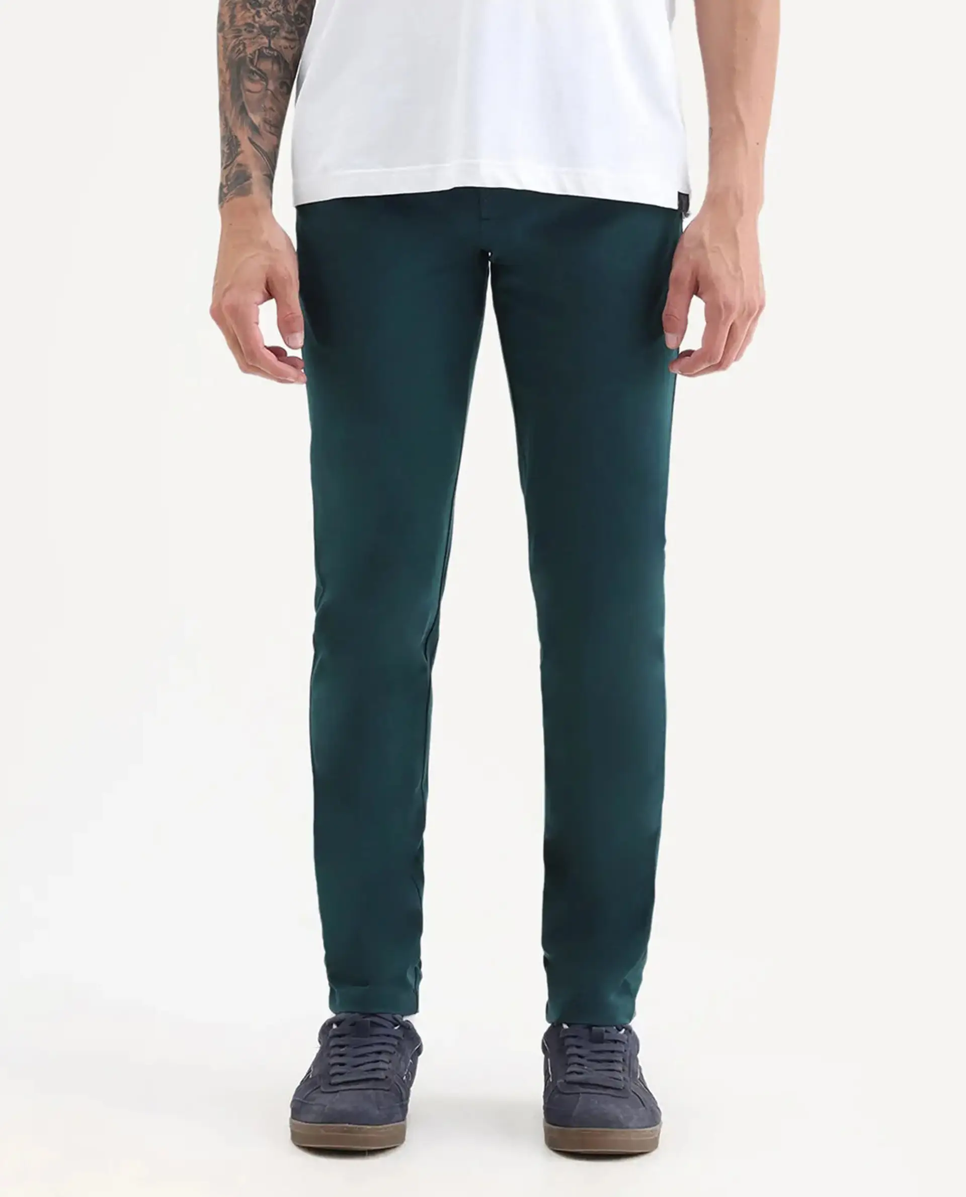 Rare Rabbit Men's Travellers Dark Petrol Solid Mid-Rise Regular Fit Trouser - Image 9