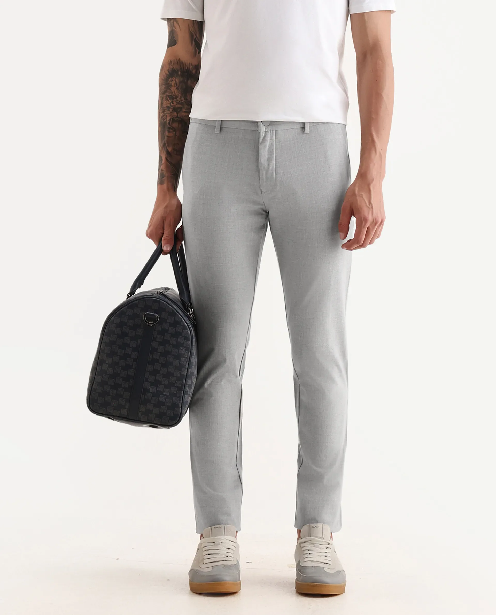 Rare Rabbit Men's Travellers Light Grey Solid Mid-Rise Regular Fit Trouser - Image 2