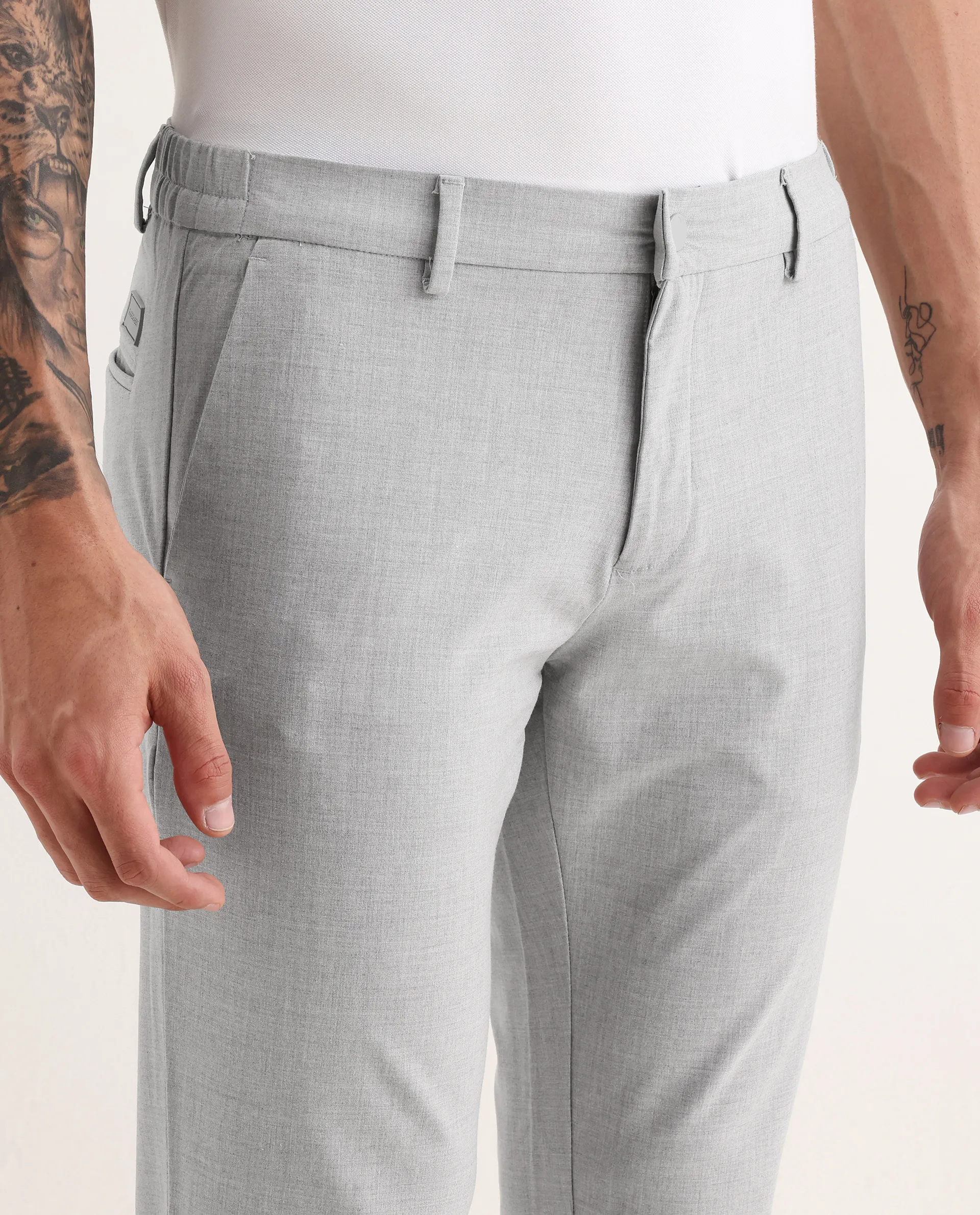 Rare Rabbit Men's Travellers Light Grey Solid Mid-Rise Regular Fit Trouser - Image 3
