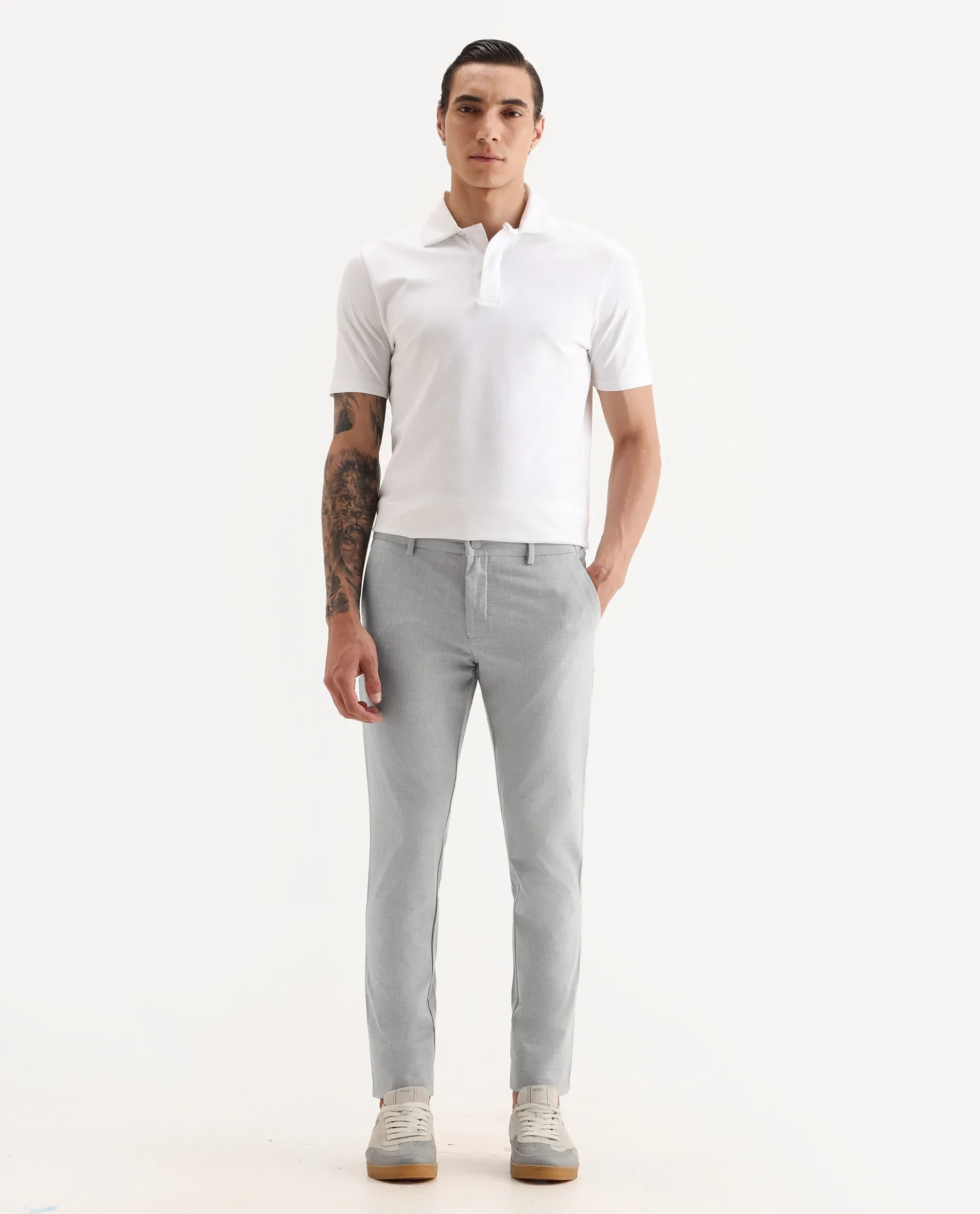 Rare Rabbit Men's Travellers Light Grey Solid Mid-Rise Regular Fit Trouser - Image 4