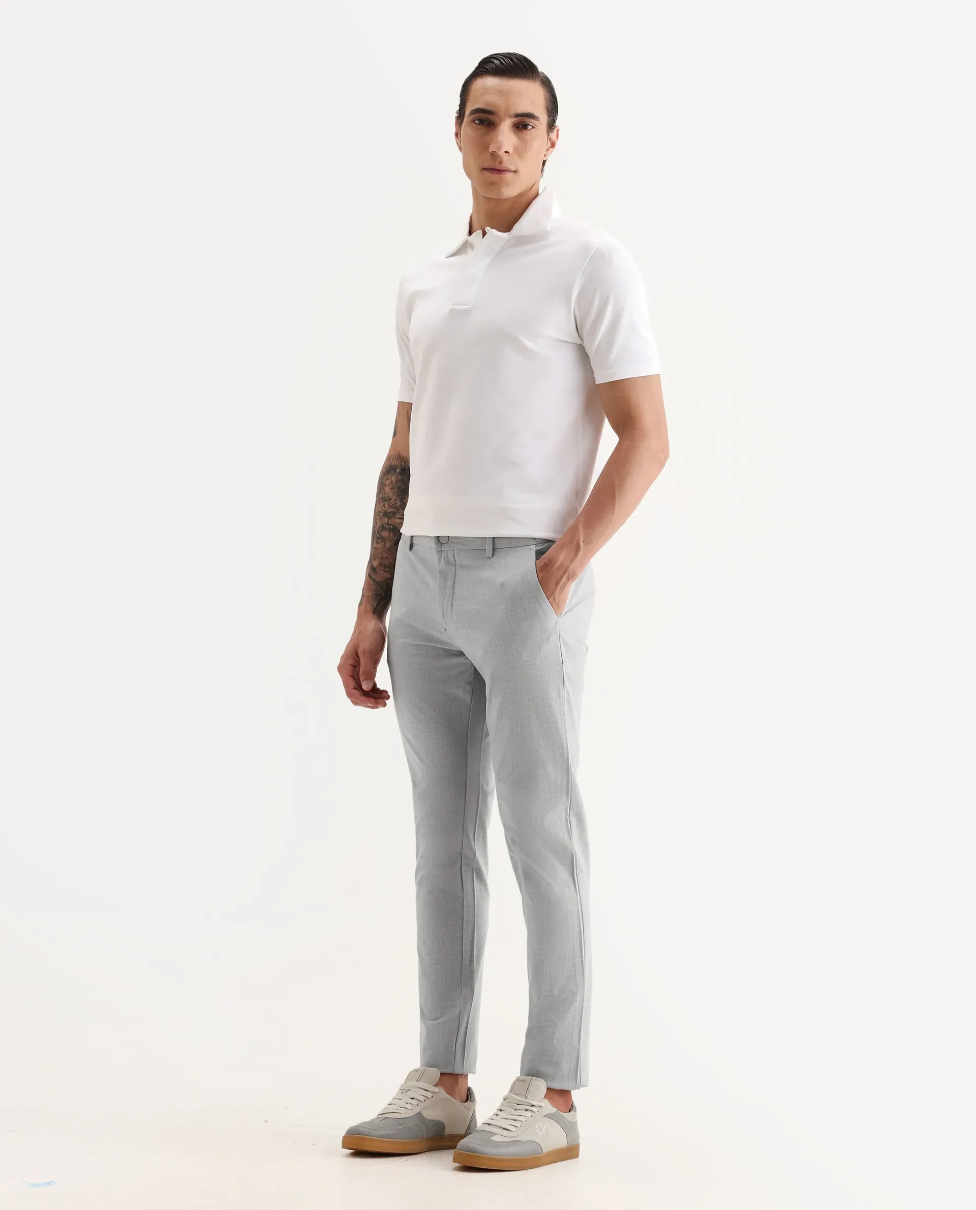 Rare Rabbit Men's Travellers Light Grey Solid Mid-Rise Regular Fit Trouser - Image 5