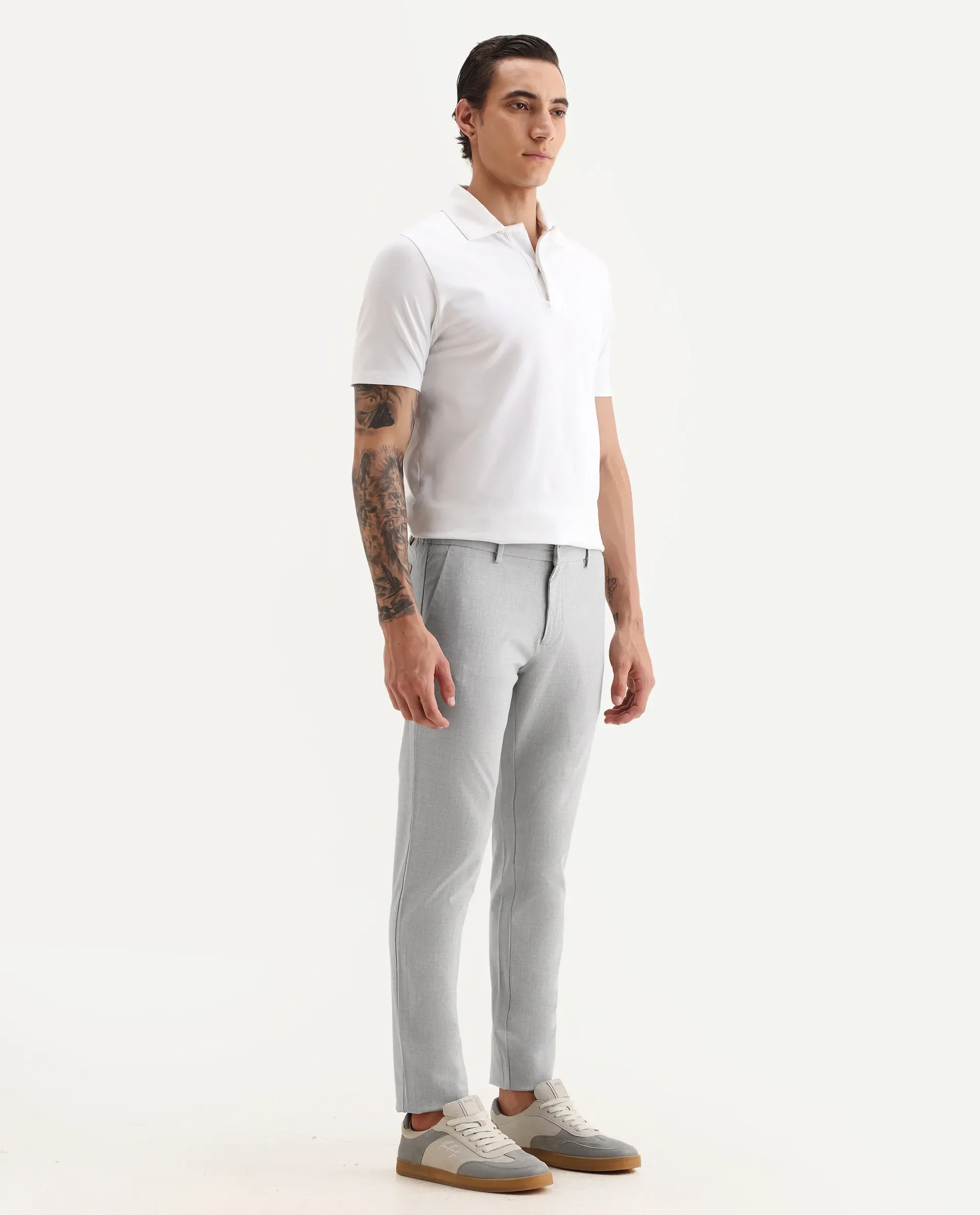 Rare Rabbit Men's Travellers Light Grey Solid Mid-Rise Regular Fit Trouser - Image 6