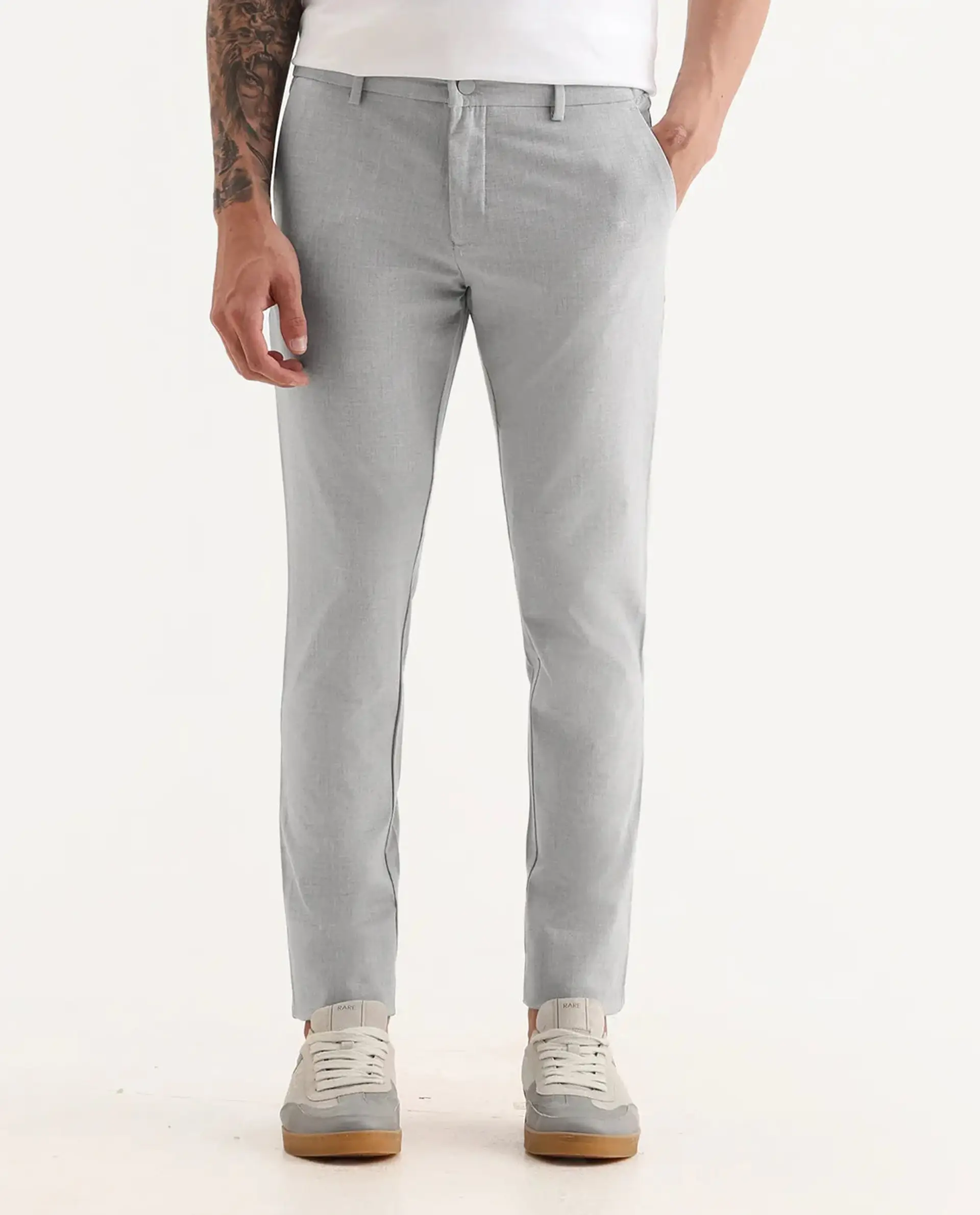 Rare Rabbit Men's Travellers Light Grey Solid Mid-Rise Regular Fit Trouser - Image 8