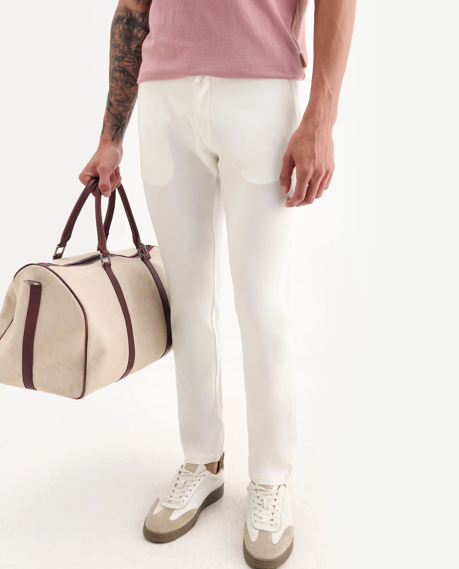 Rare Rabbit Men's Travellers Off White Solid Mid-Rise Regular Fit Trouser - Image 2