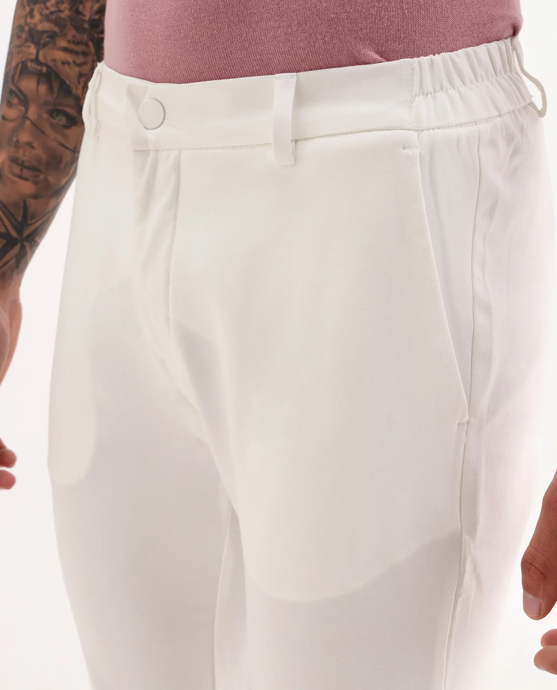Rare Rabbit Men's Travellers Off White Solid Mid-Rise Regular Fit Trouser - Image 3