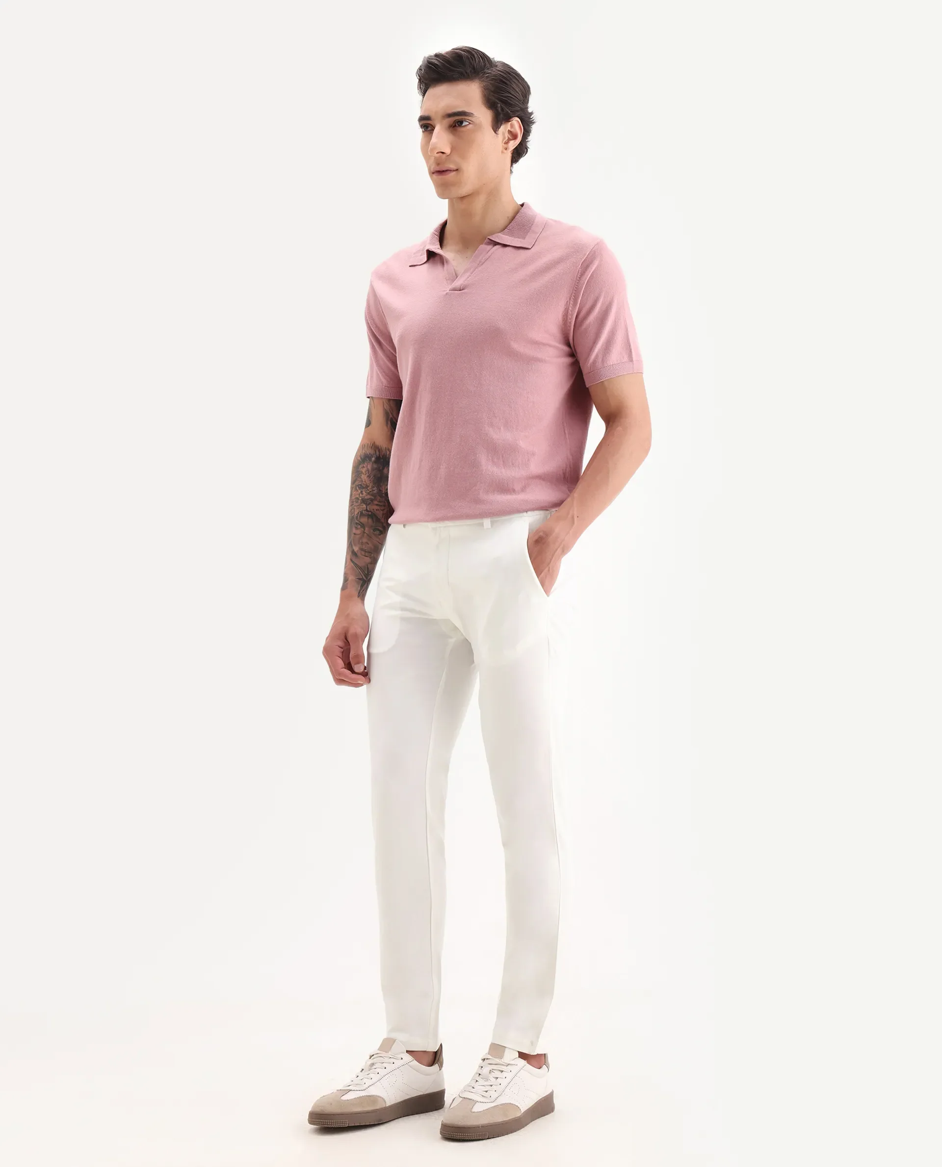 Rare Rabbit Men's Travellers Off White Solid Mid-Rise Regular Fit Trouser - Image 4