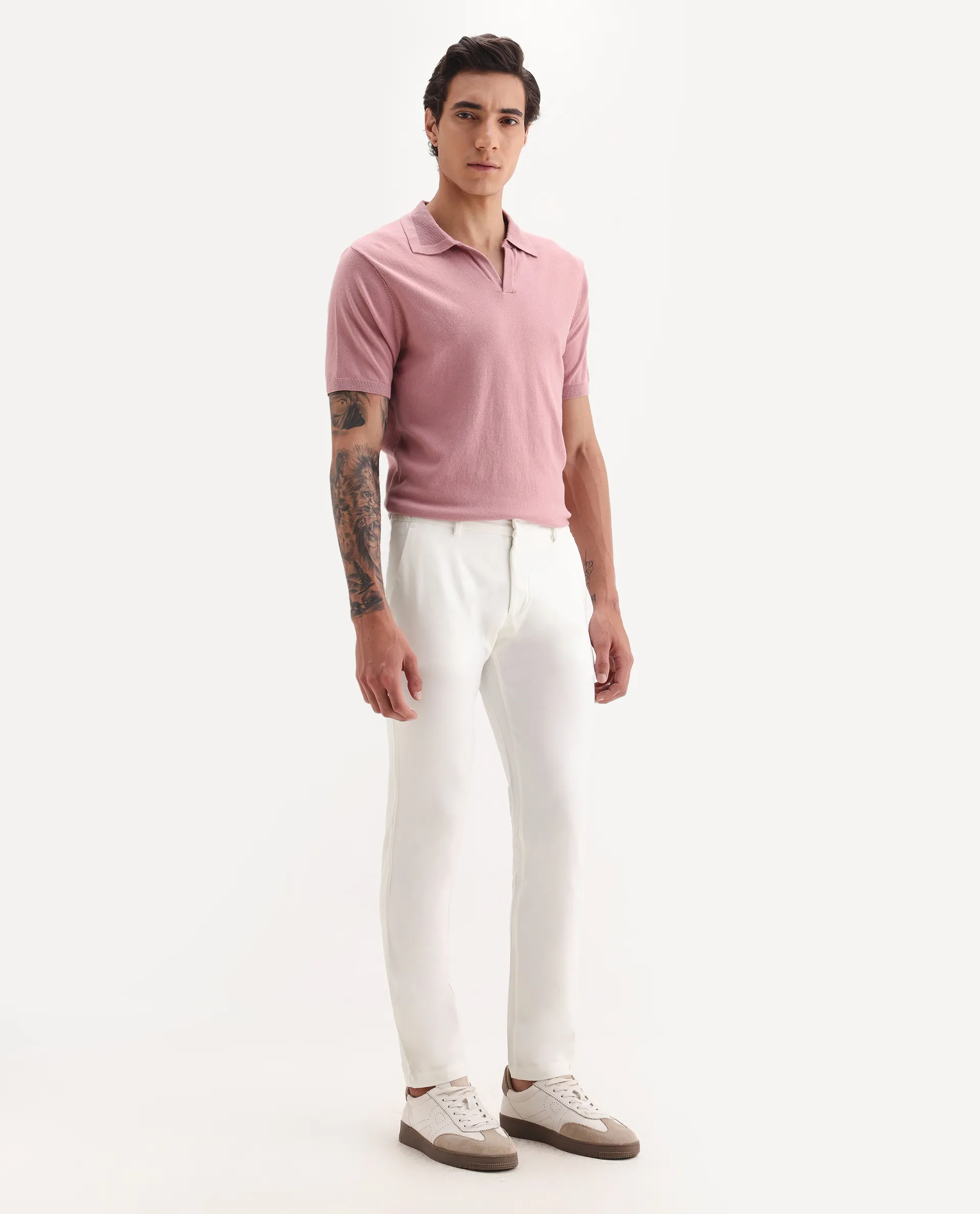 Rare Rabbit Men's Travellers Off White Solid Mid-Rise Regular Fit Trouser - Image 5