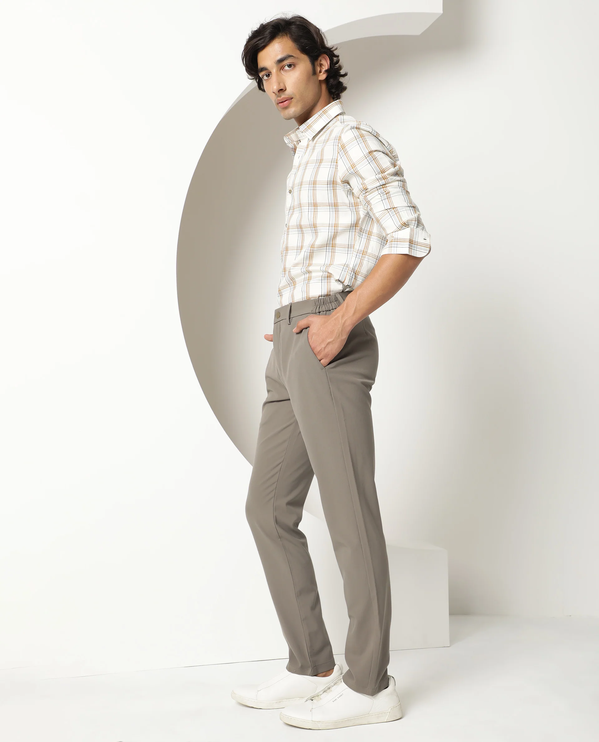Rare Rabbit Men's Traverse Khaki Solid Mid-Rise Regular Fit Stretch Trousers - Image 2