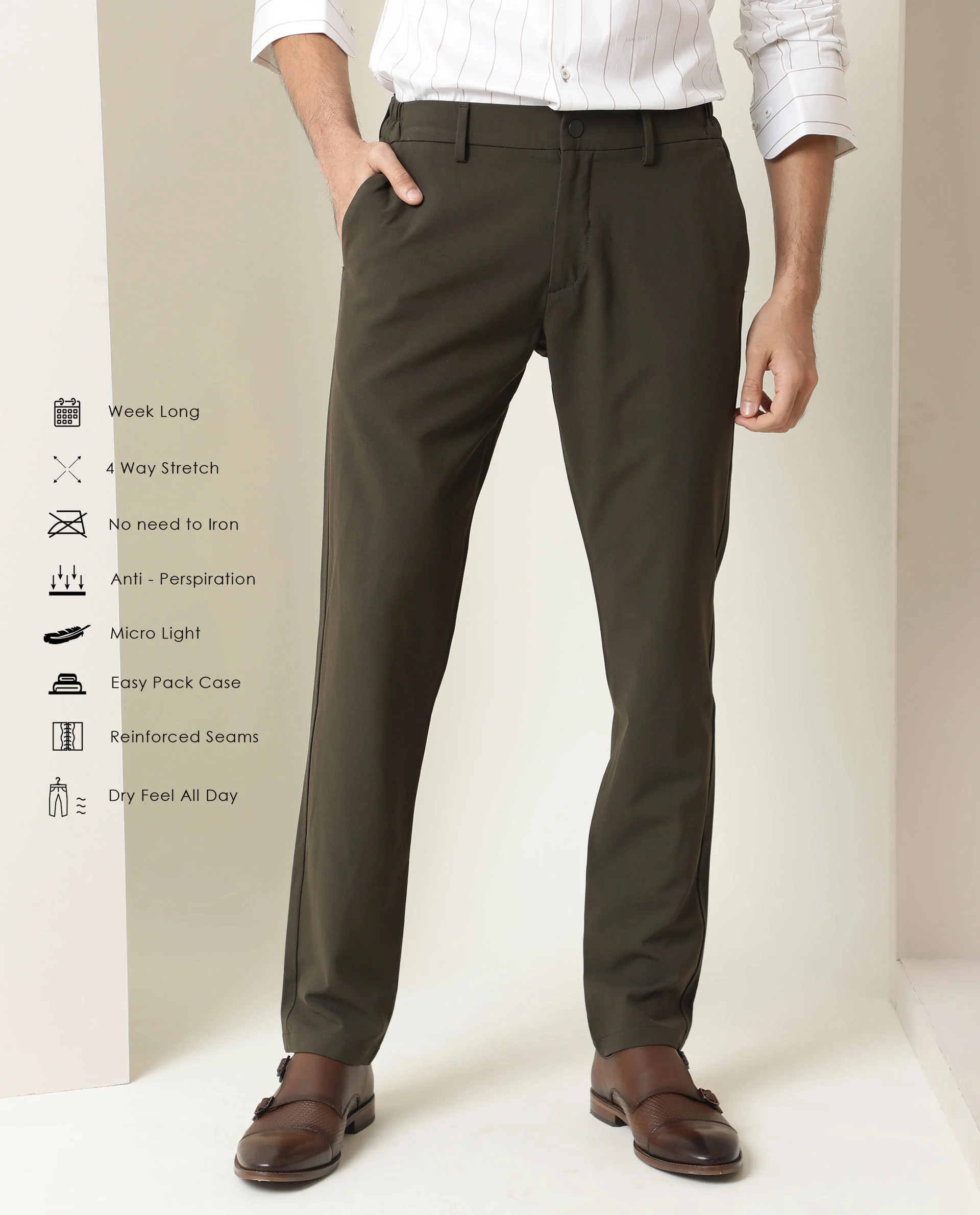 Rare Rabbit Men's Traverse Olive Solid Mid-Rise Regular Fit Stretch Trouser