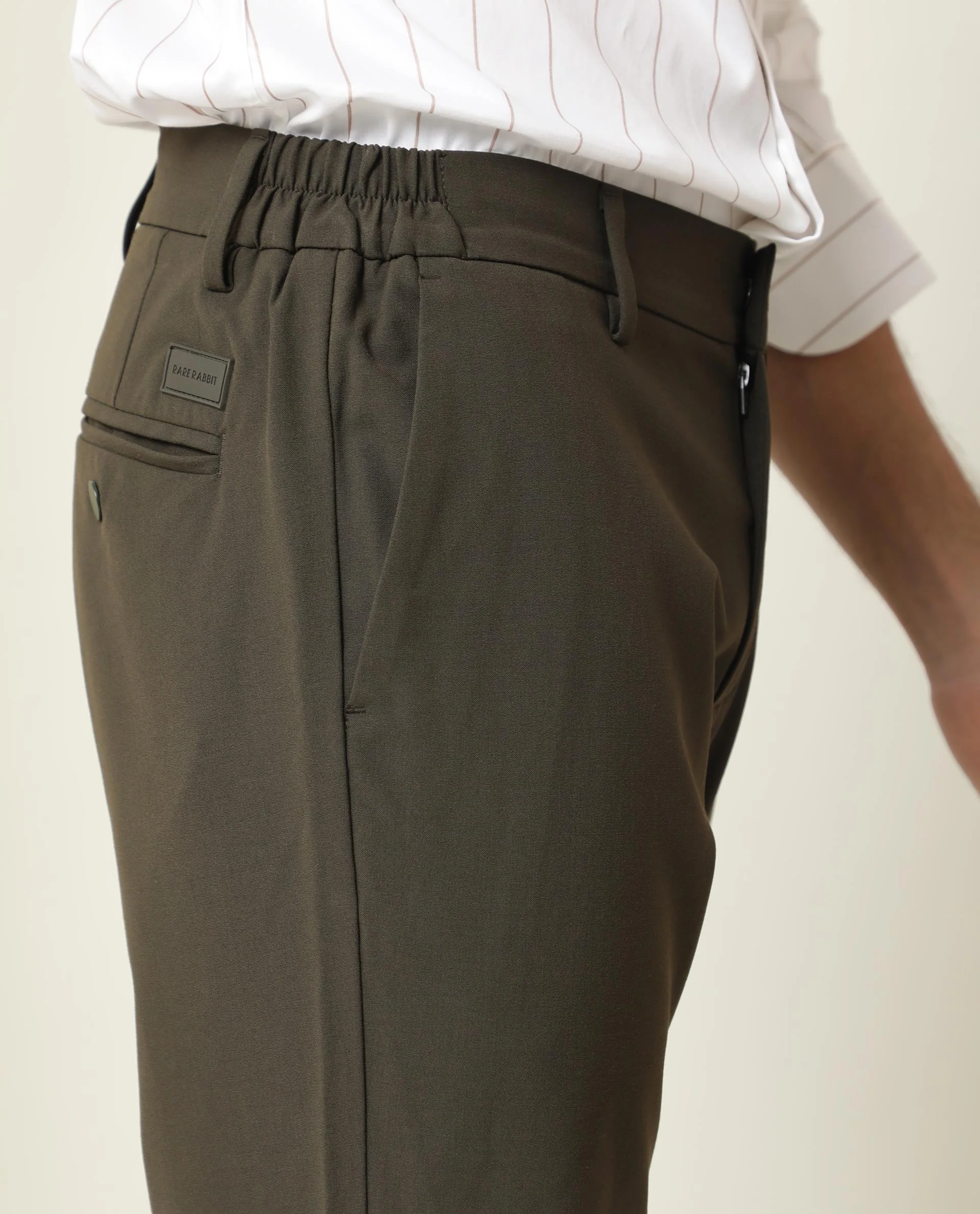 Rare Rabbit Men's Traverse Olive Solid Mid-Rise Regular Fit Stretch Trouser - Image 3