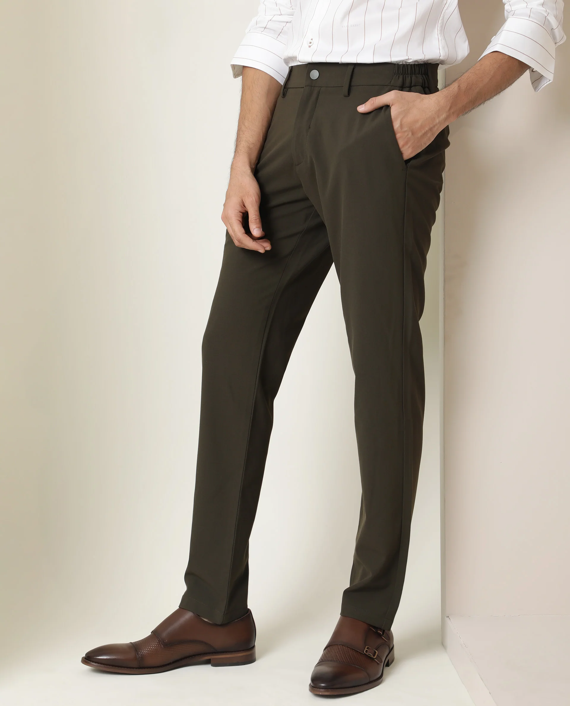 Rare Rabbit Men's Traverse Olive Solid Mid-Rise Regular Fit Stretch Trouser - Image 6