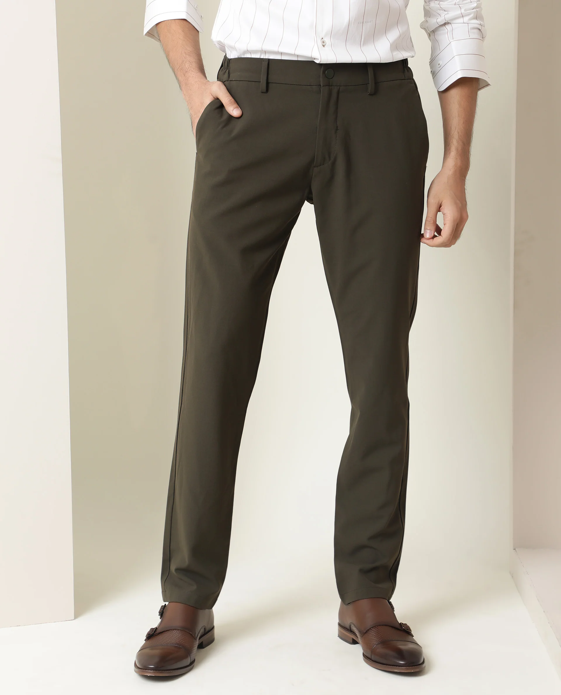 Rare Rabbit Men's Traverse Olive Solid Mid-Rise Regular Fit Stretch Trouser - Image 8