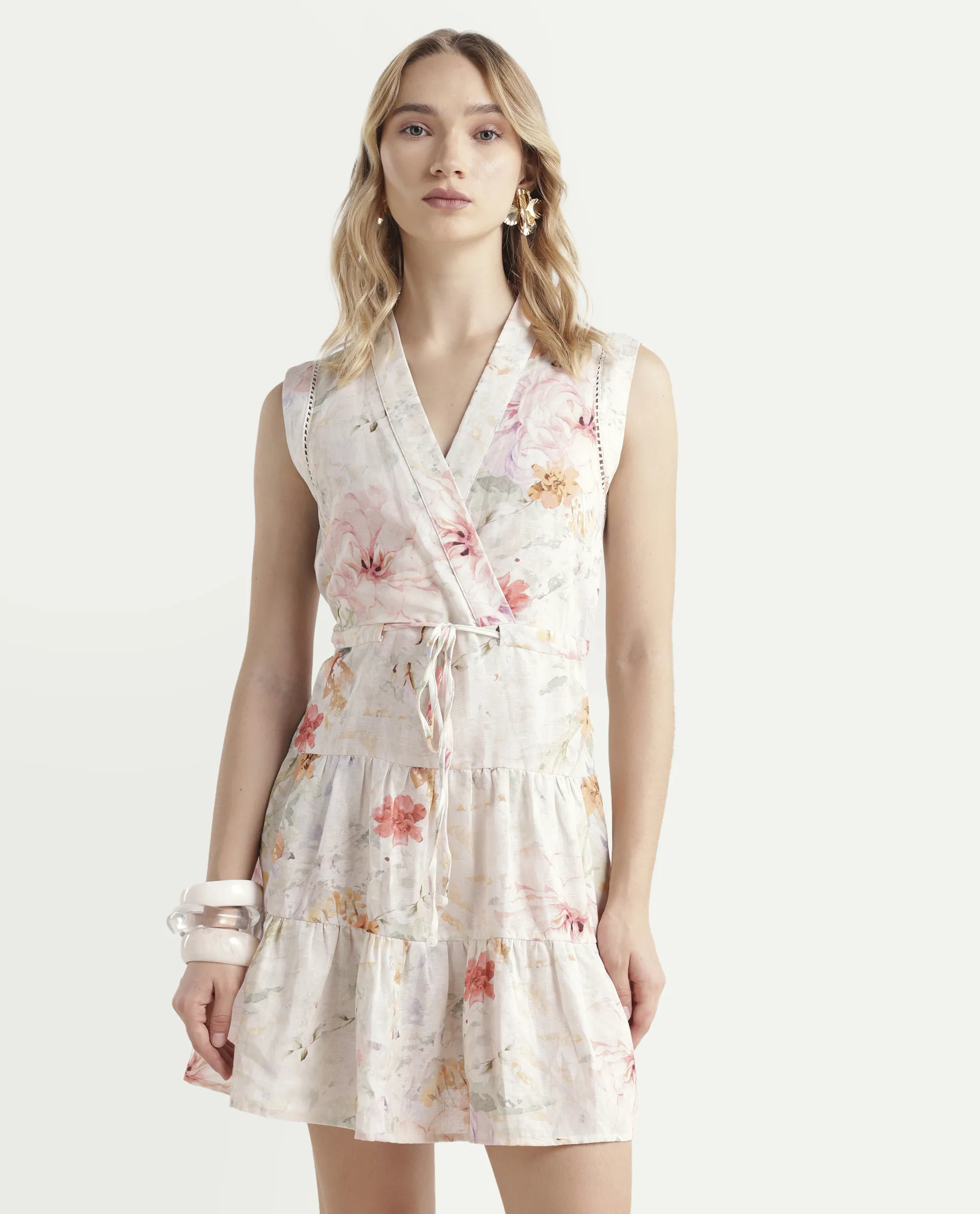 Rareism Women's Trazo Multi Cotton Blend Overlap Neck Floral Print Sleeveless Mini Fit And Flare Dress - Image 3