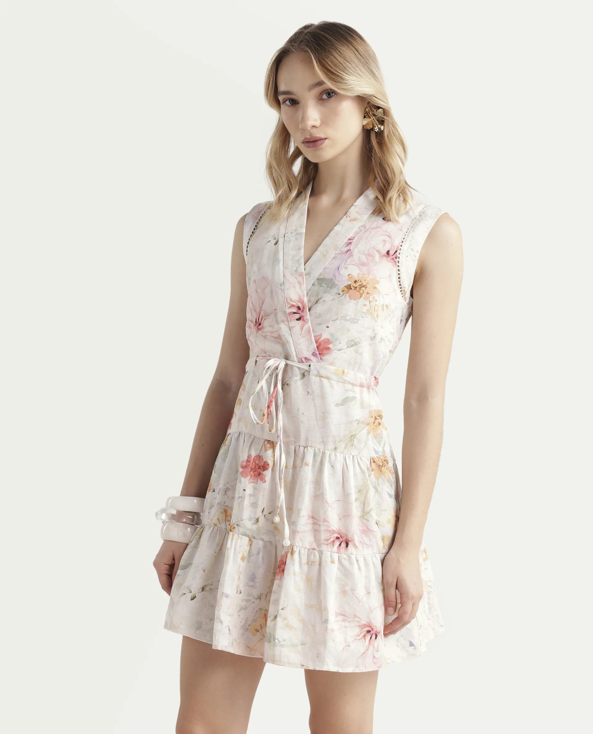 Rareism Women's Trazo Multi Cotton Blend Overlap Neck Floral Print Sleeveless Mini Fit And Flare Dress - Image 5