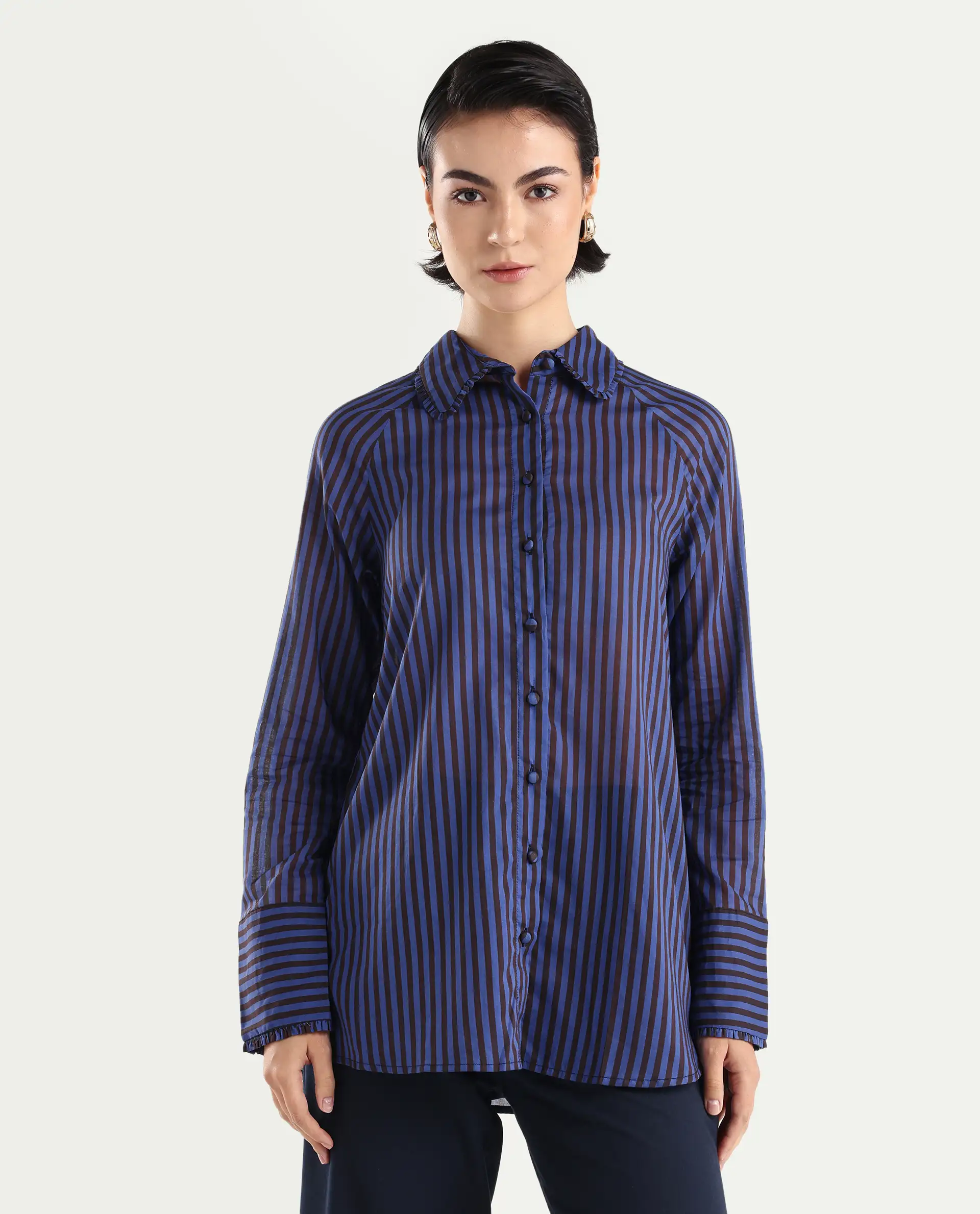 Rareism Women's Treasure Blue Cotton Spread Collar Striped Relaxed Fit Shirt - Image 2