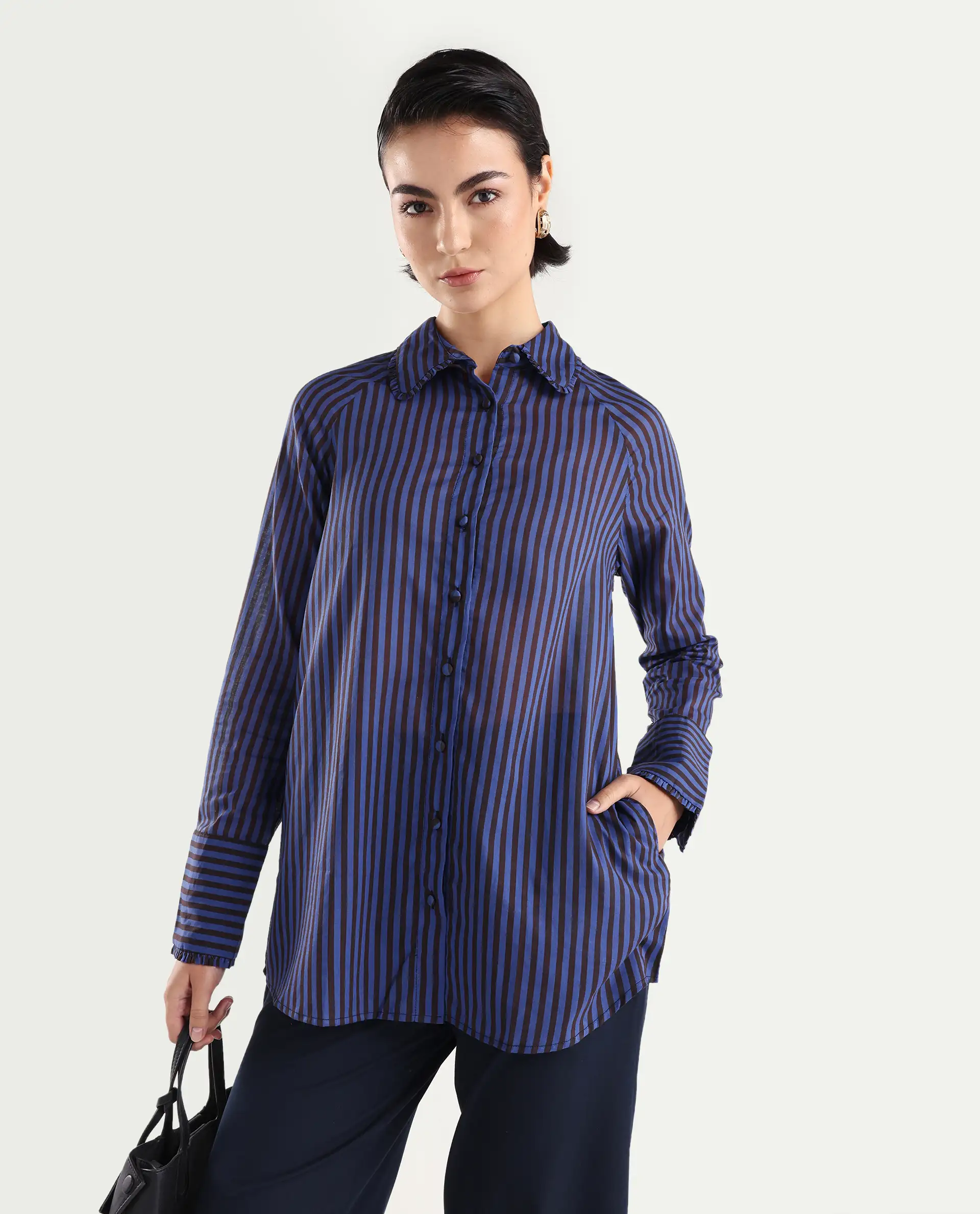 Rareism Women's Treasure Blue Cotton Spread Collar Striped Relaxed Fit Shirt - Image 3