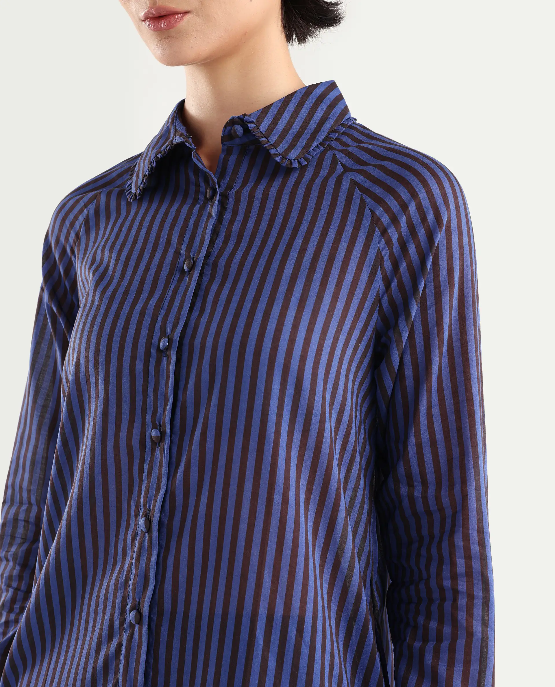 Rareism Women's Treasure Blue Cotton Spread Collar Striped Relaxed Fit Shirt - Image 4