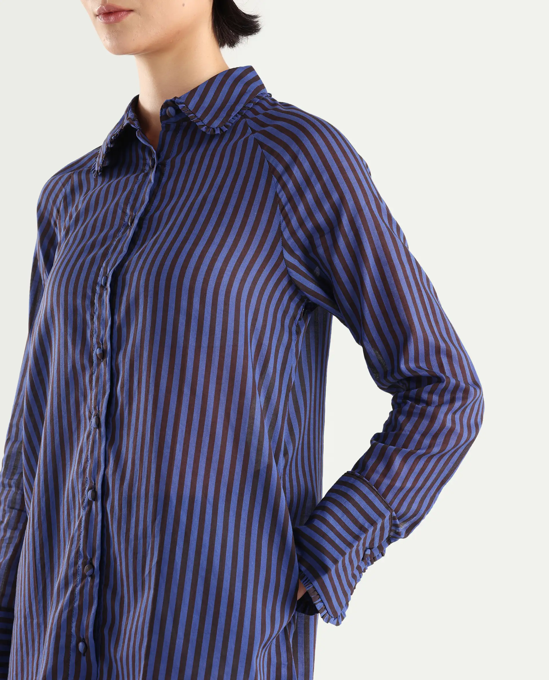 Rareism Women's Treasure Blue Cotton Spread Collar Striped Relaxed Fit Shirt - Image 5