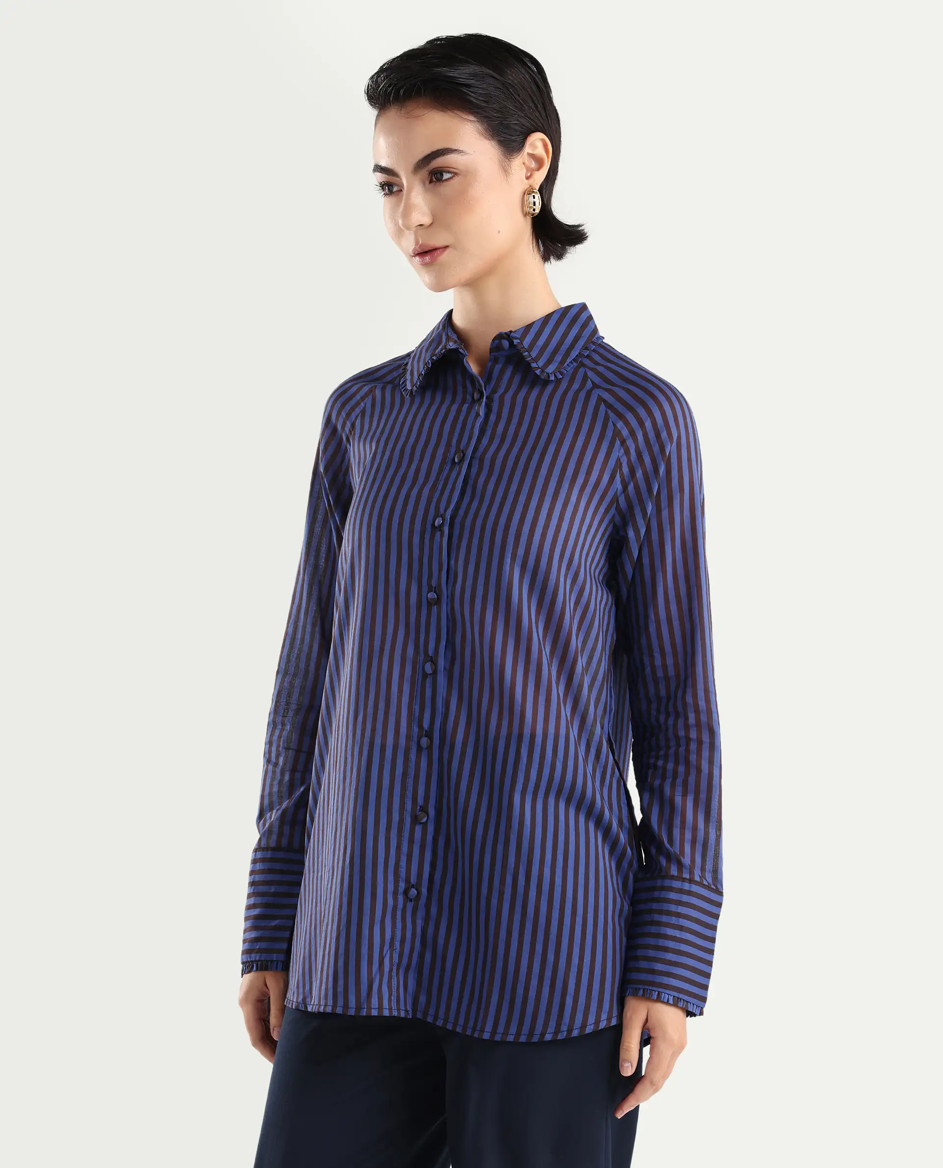 Rareism Women's Treasure Blue Cotton Spread Collar Striped Relaxed Fit Shirt - Image 6